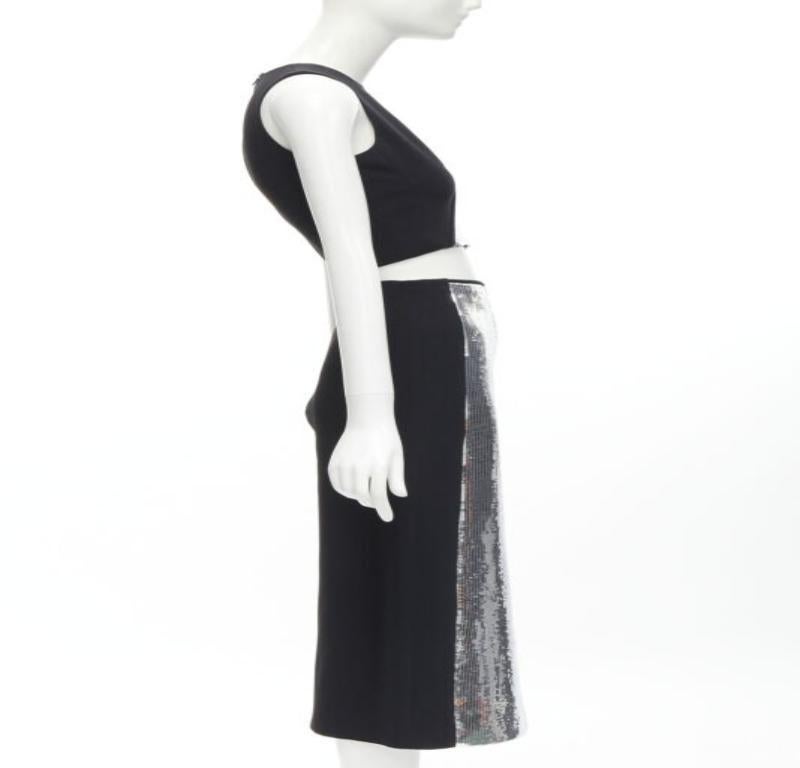 DAVID KOMA silver sequins midriff crop top asymmetric high slit skirt set UK6 XS In Excellent Condition For Sale In Hong Kong, NT
