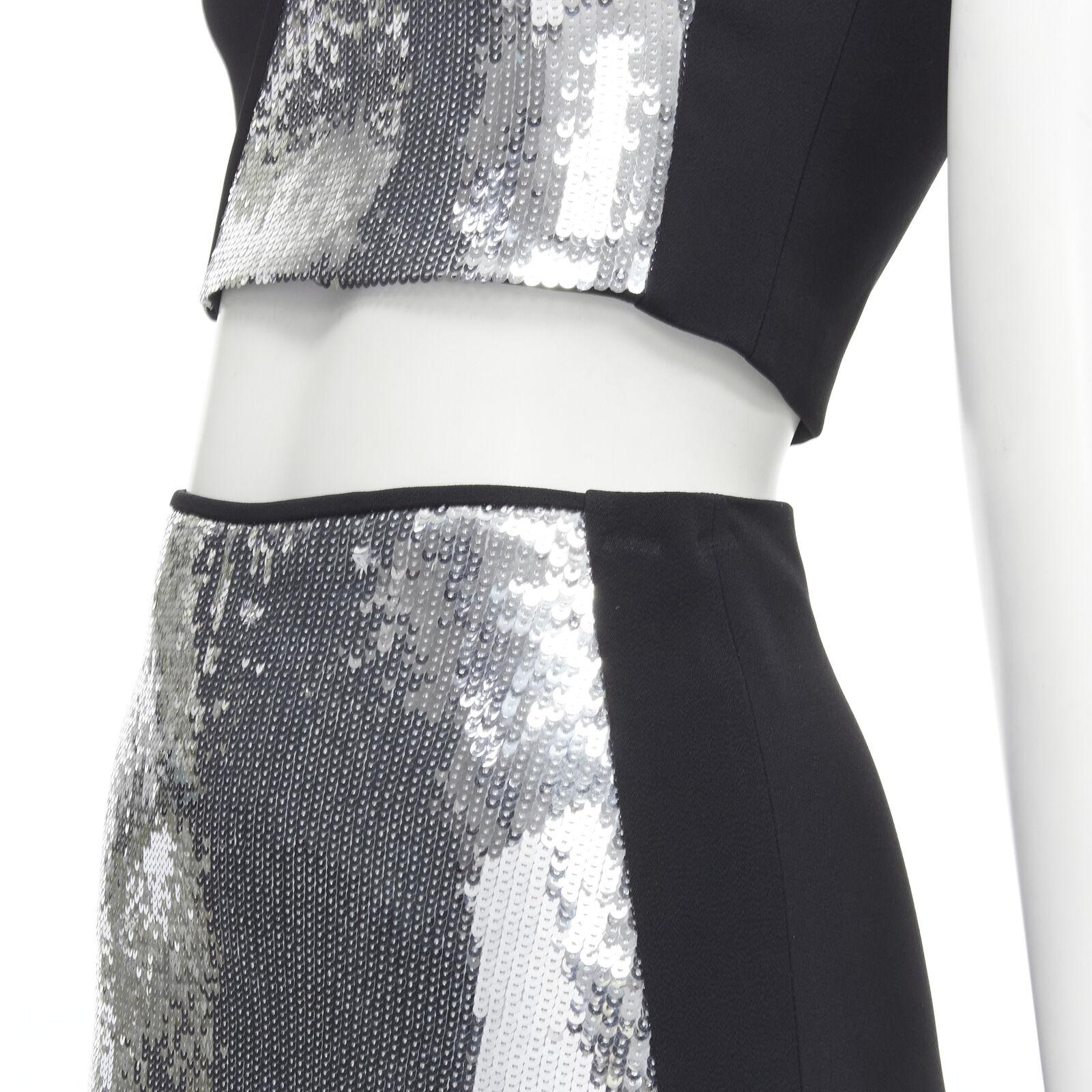 DAVID KOMA silver sequins midriff crop top asymmetric high slit skirt set UK6 XS In Excellent Condition For Sale In Hong Kong, NT