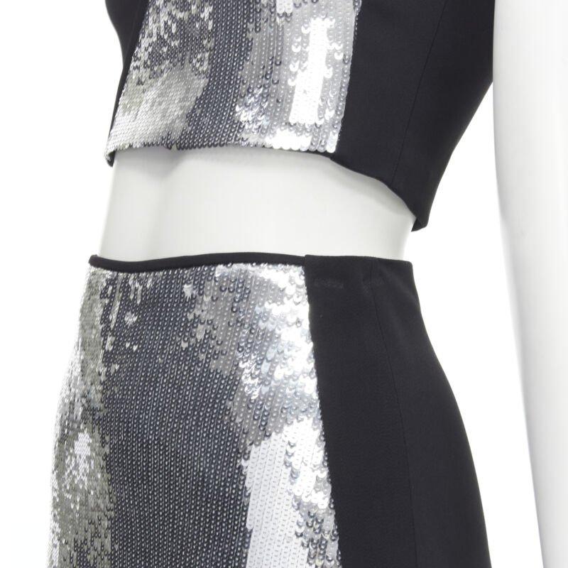 DAVID KOMA silver sequins midriff crop top asymmetric high slit skirt set UK6 XS For Sale 2