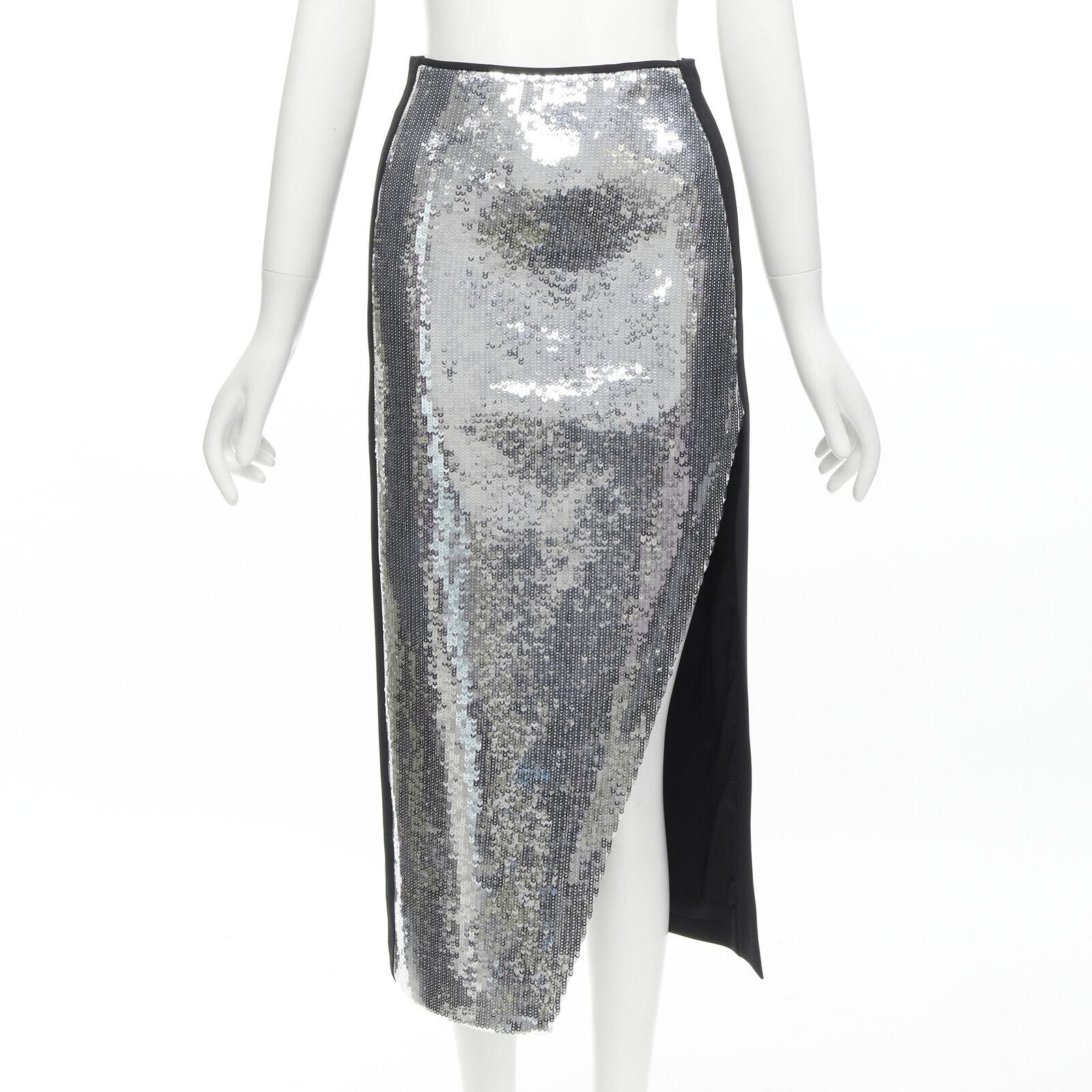 Women's DAVID KOMA silver sequins midriff crop top asymmetric high slit skirt set UK6 XS For Sale