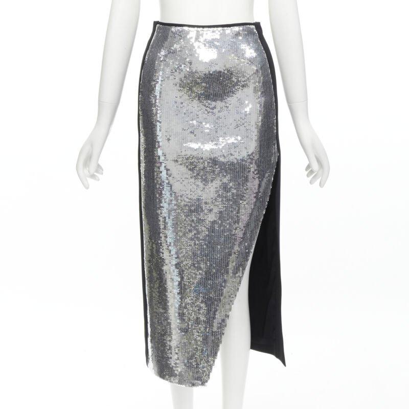DAVID KOMA silver sequins midriff crop top asymmetric high slit skirt set UK6 XS For Sale 3
