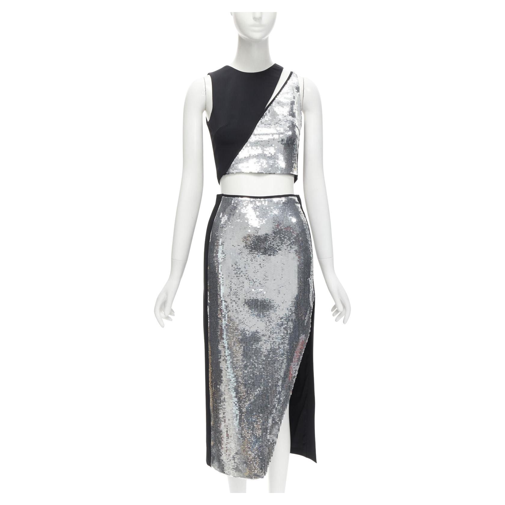 DAVID KOMA silver sequins midriff crop top asymmetric high slit skirt set UK6 XS For Sale