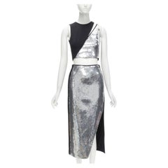 DAVID KOMA Silber Pailletten Midriff Crop Top asymmetrisches hochgeschlossenes Rock-Set UK6 XS