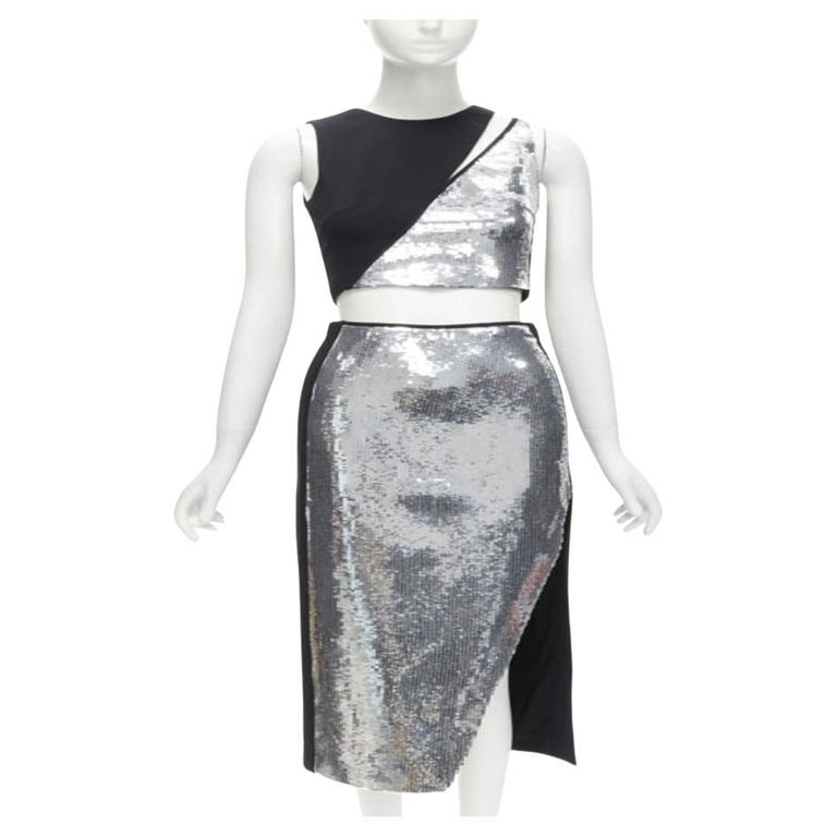 DAVID KOMA silver sequins midriff crop top asymmetric high slit skirt set  UK6 XS For Sale at 1stDibs