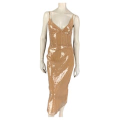 DAVID KOMA Size 4 Beige Sequined Silk Midi Cocktail Dress