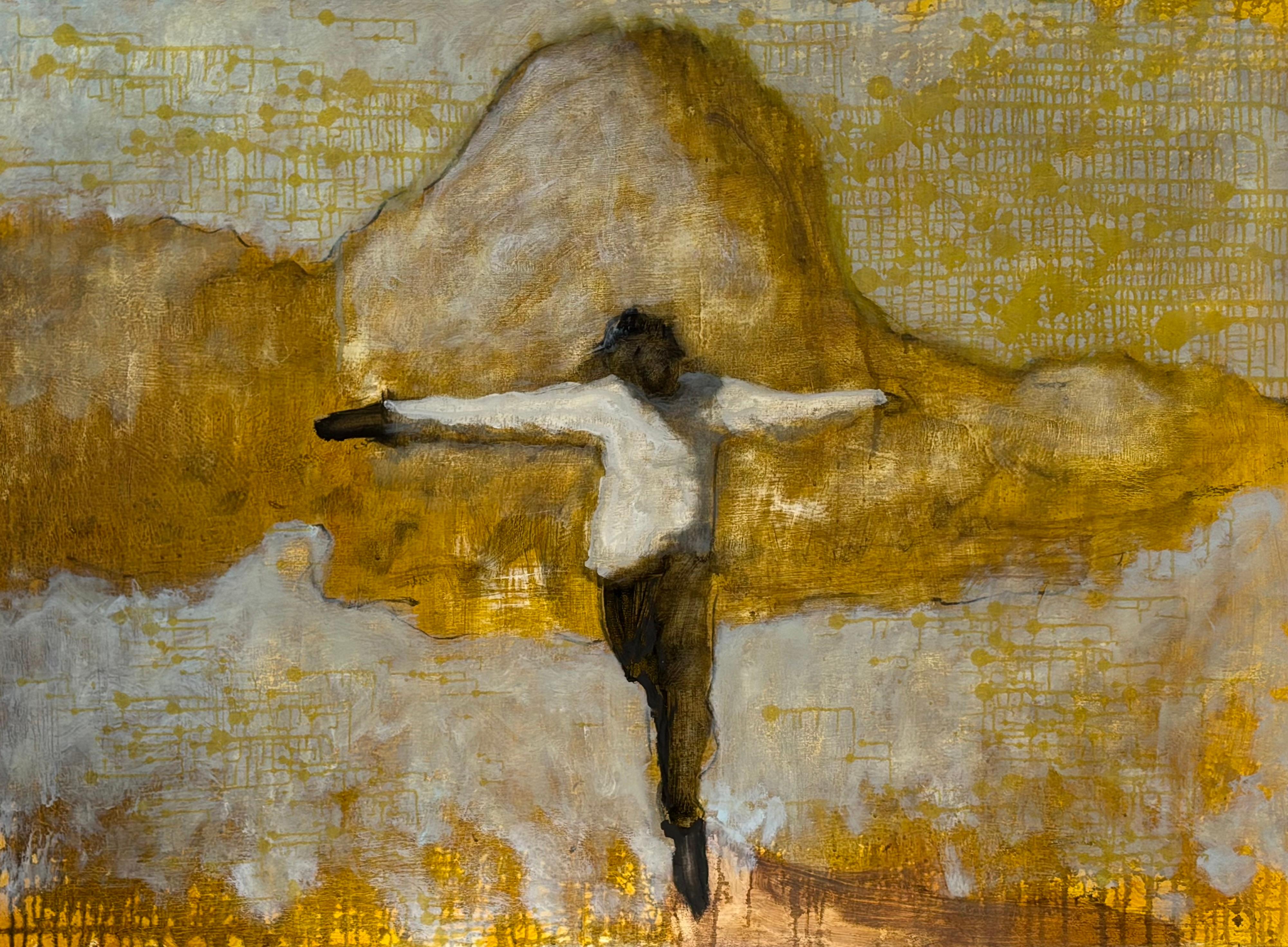 Absolution - Springende fliegende Figur Goldene gelbe Wolken Himmel Landschaft, 2025 im Angebot 6