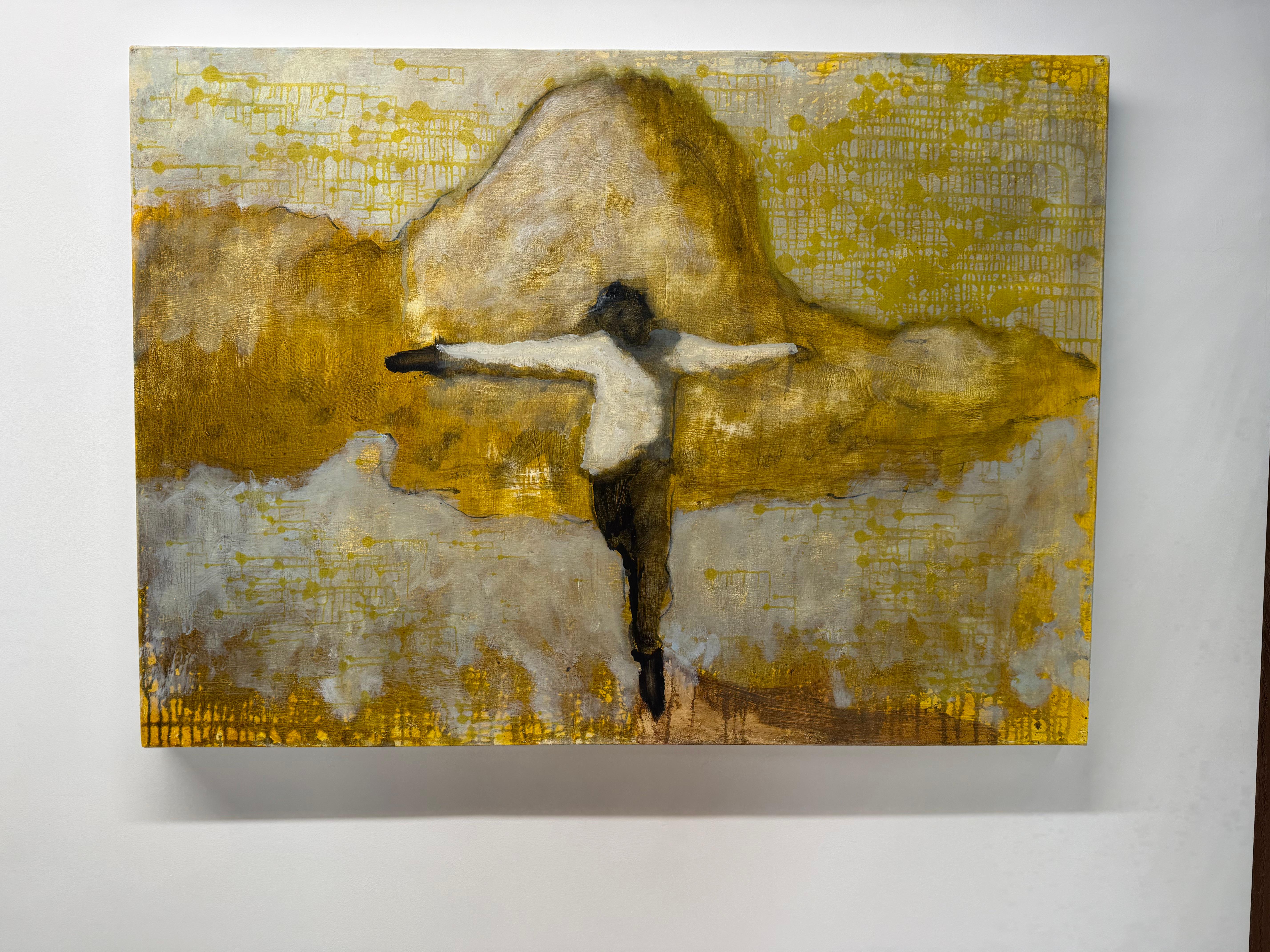 Absolution - Springende fliegende Figur Goldene gelbe Wolken Himmel Landschaft, 2025 im Angebot 8