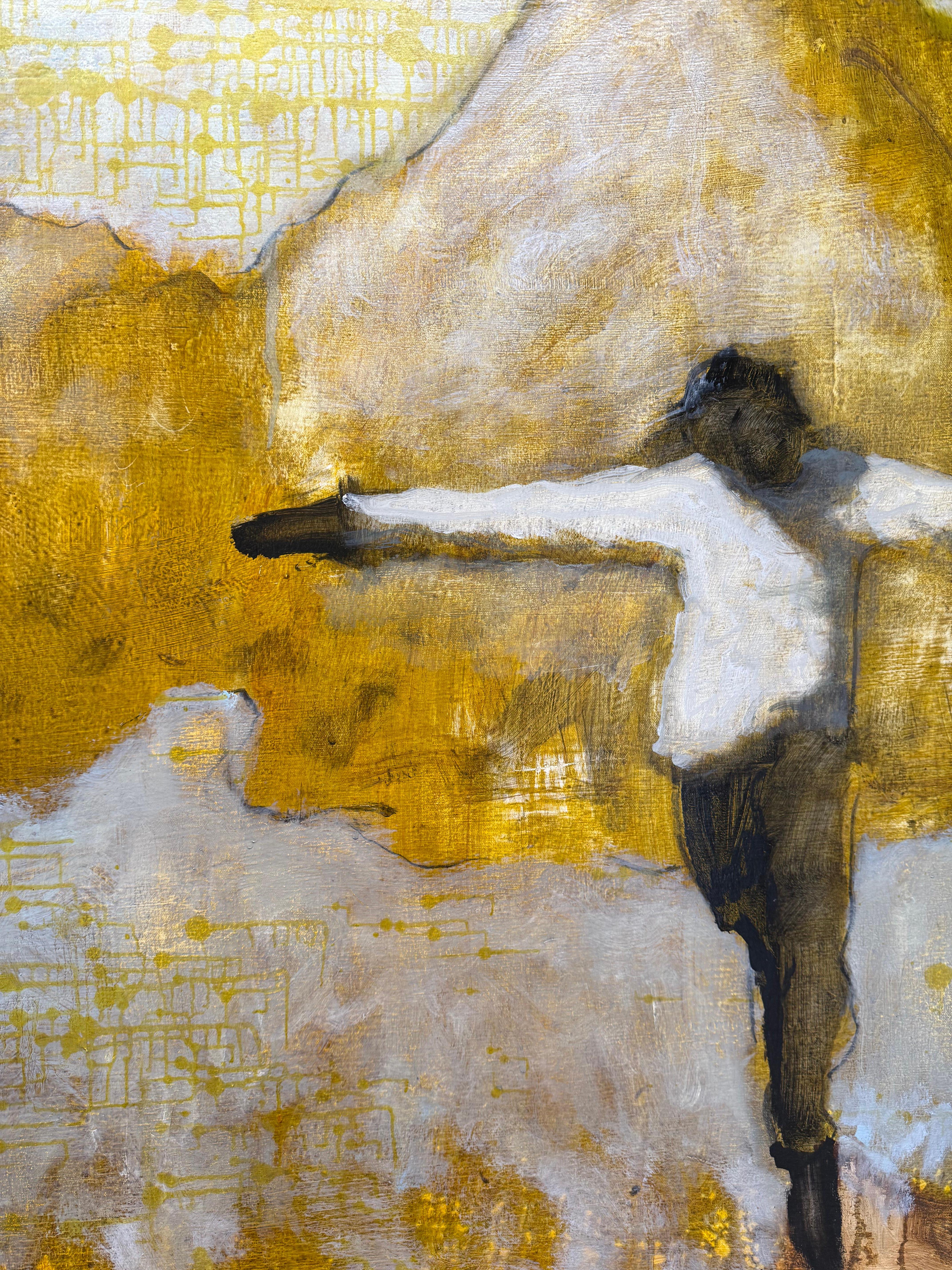 Absolution - Springende fliegende Figur Goldene gelbe Wolken Himmel Landschaft, 2025 (Gelb), Figurative Painting, von David Konigsberg