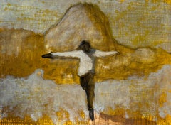 Absolution - Figure volante sautant dans le ciel, nuages jaunes dorés, paysage, 2025