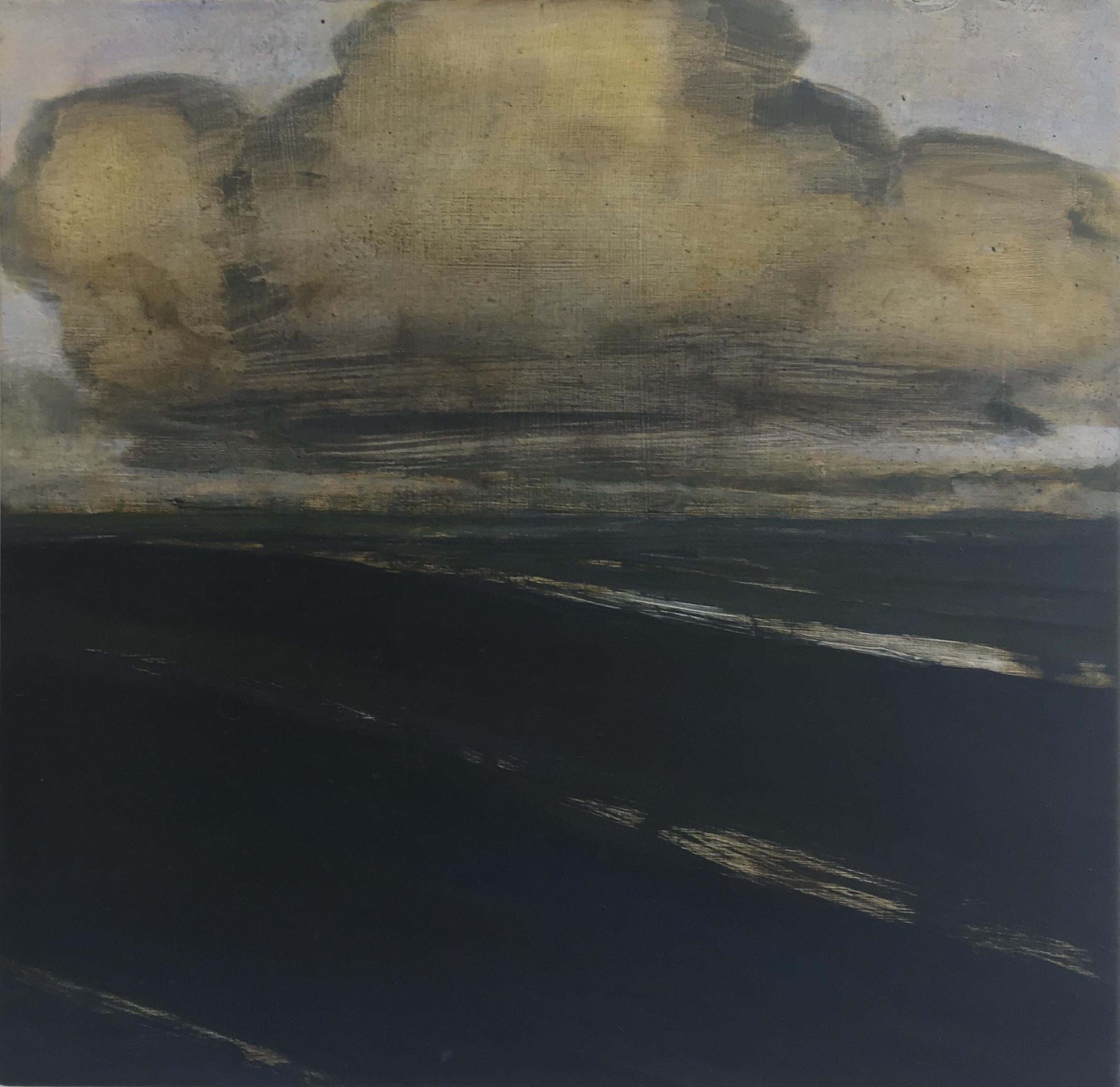 Landscape Painting de David Konigsberg - Acercándose - Pintura Paisaje Contemporáneo Campo Cielo Marrón Nubes Marfil, 2019