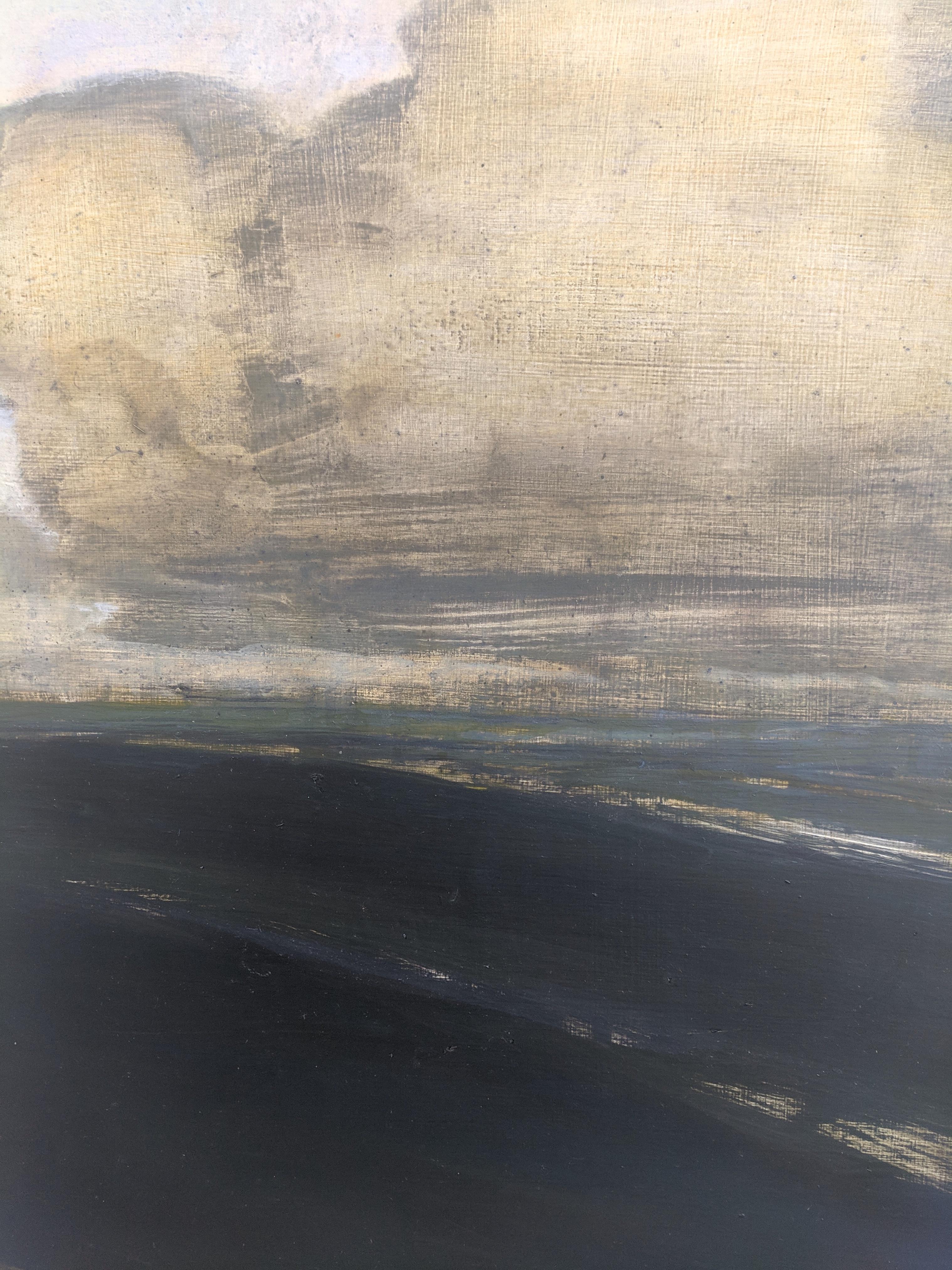 Approaching, Landscape Painting, Gray, Ivory Clouds Over Black Road, Green Field For Sale 5