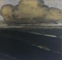 Approaching, Landscape Painting, Gray, Ivory Clouds Over Black Road, Green Field