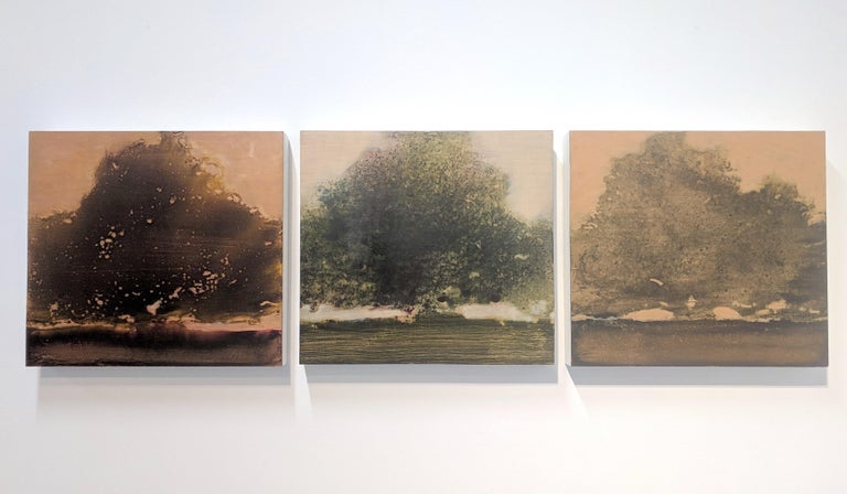 David Konigsberg - Arboreal Triptych, Landscape Painting of Three Trees in Dark Green, Brown ...