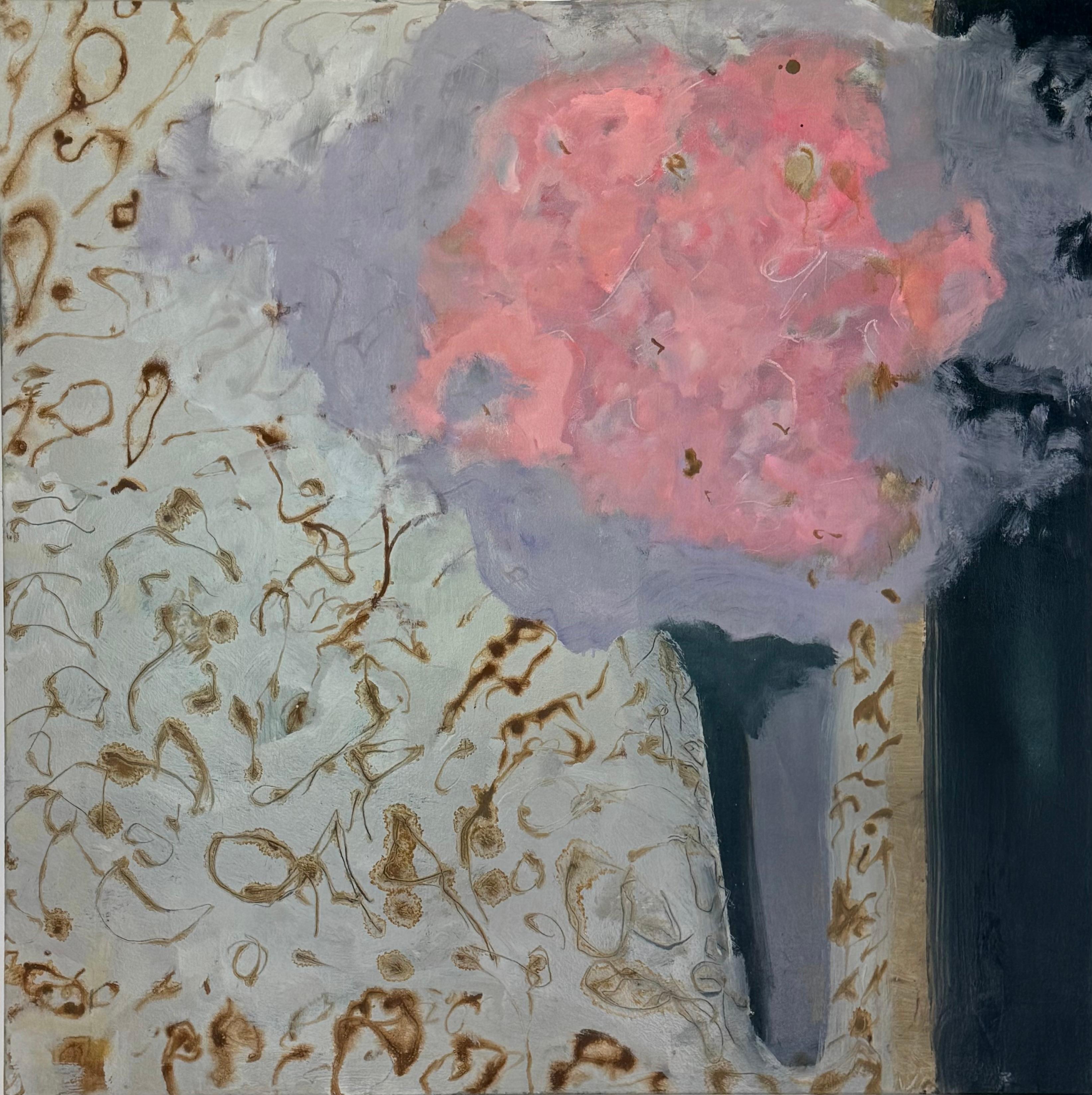 Blumenarrangement – Modernes botanisches Stillleben mit rosa Blumen in einer schwarzen Vase, 2026