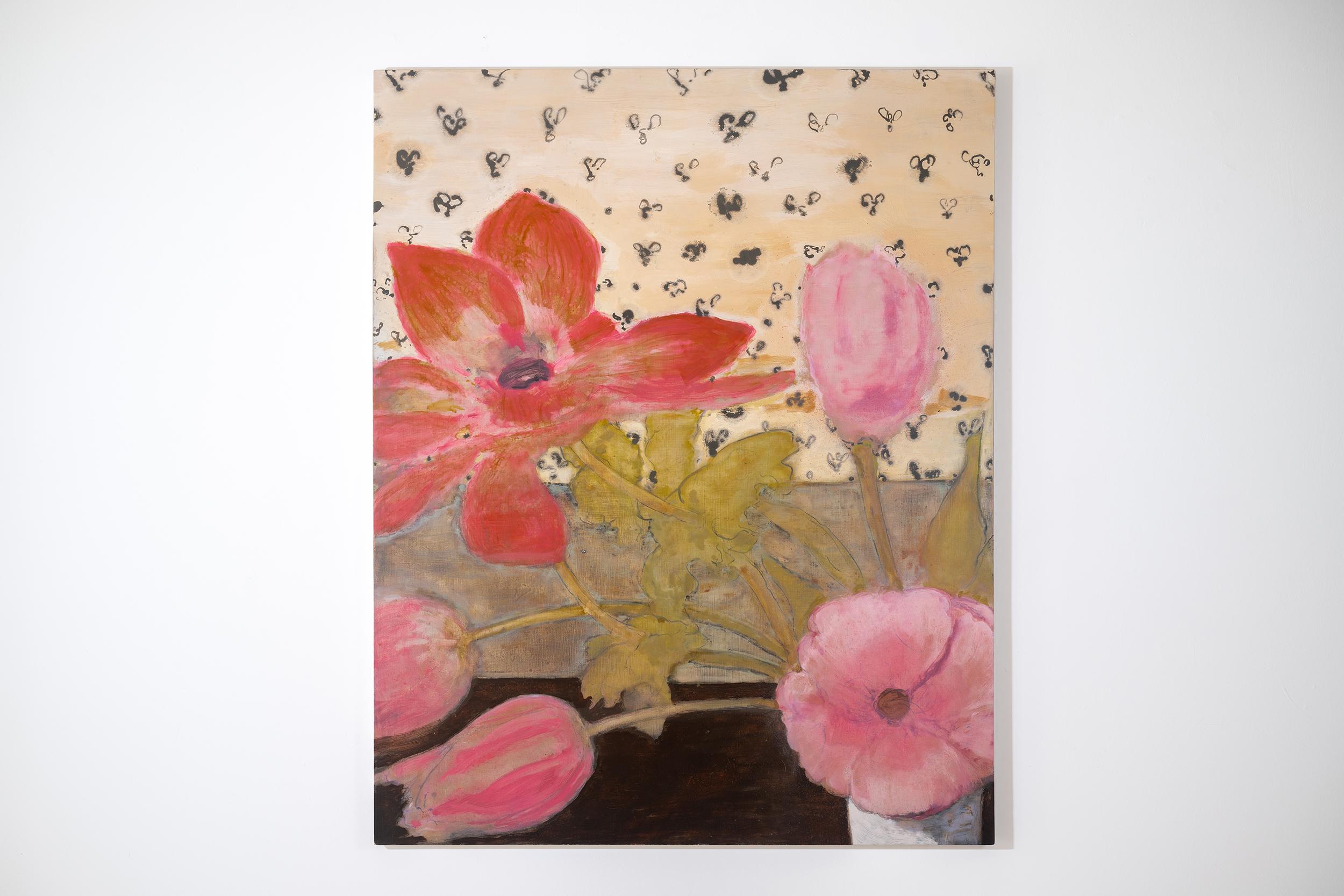 Arrangement (Grand Scale Impressionist Floral Still Life, Anemones, Pink Tulips) - Painting by David Konigsberg