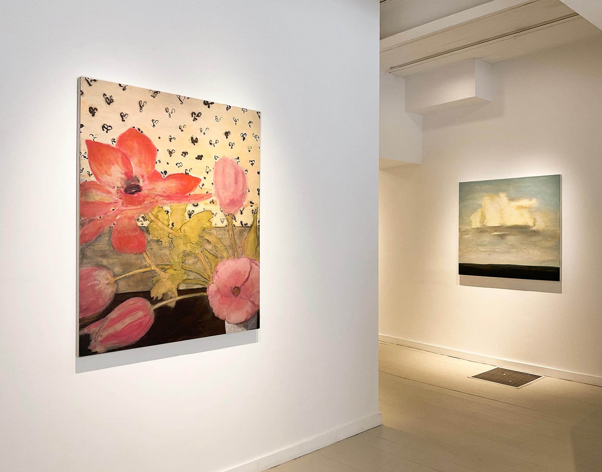 Arrangement (Grand Scale Impressionist Floral Still Life, Anemones, Pink Tulips) - Brown Still-Life Painting by David Konigsberg