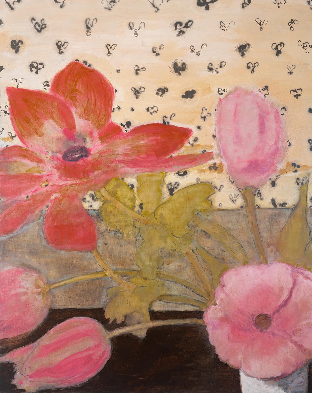 David Konigsberg Still-Life Painting - Arrangement (Grand Scale Impressionist Floral Still Life, Anemones, Pink Tulips)