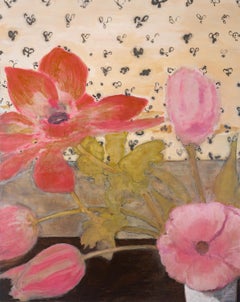 Arrangement (Grand Scale Impressionist Floral Still Life, Anemones, Pink Tulips)