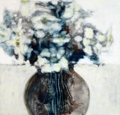 Arrangement, Still Life Painting of Ivory and Blue Flowers in Brown Vase