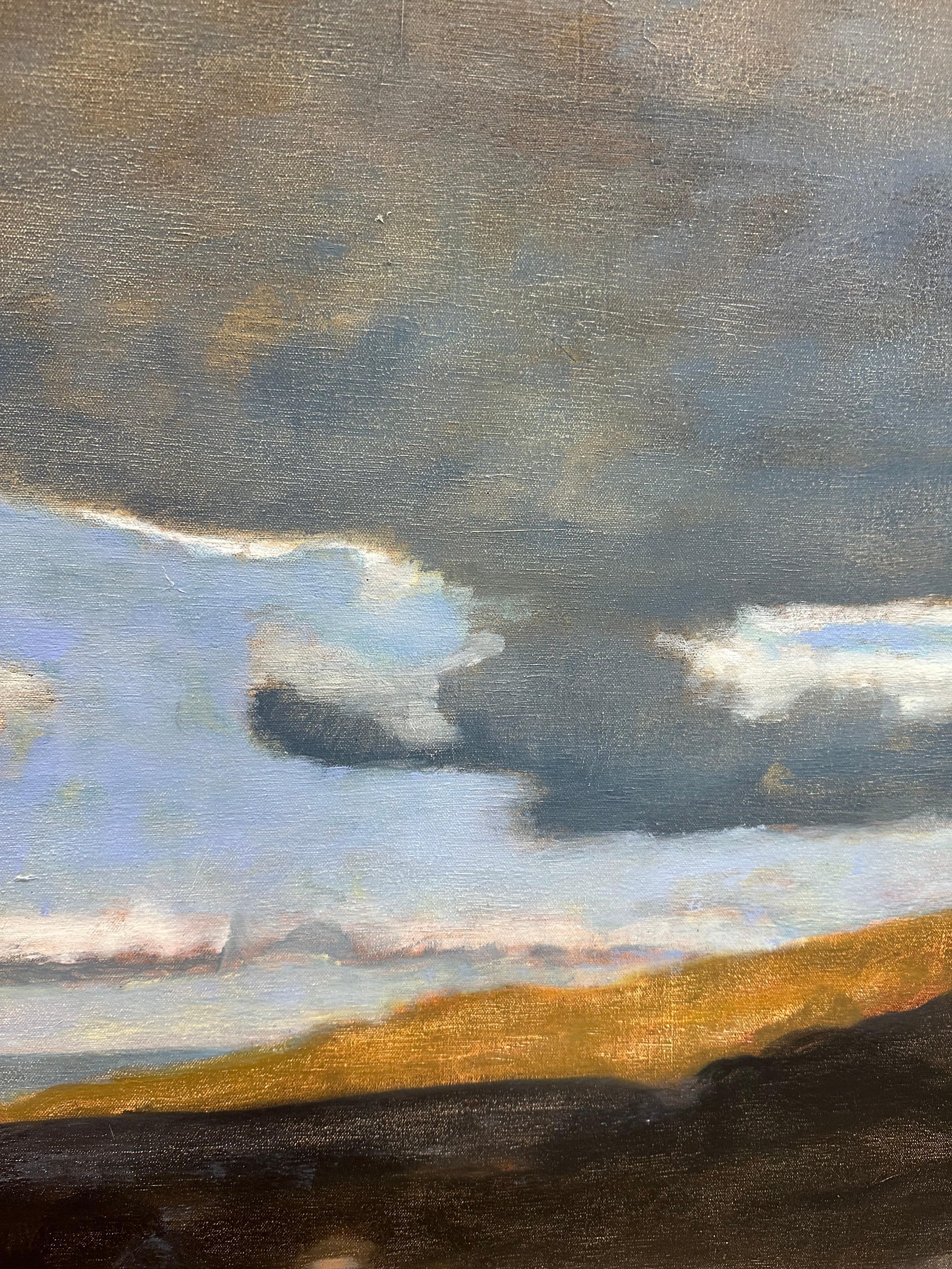 Più grande di me, Bigli grigio, Cielo blu, Montagna marrone, Campo, Oceano - Landscape Painting Grigio di David Konigsberg