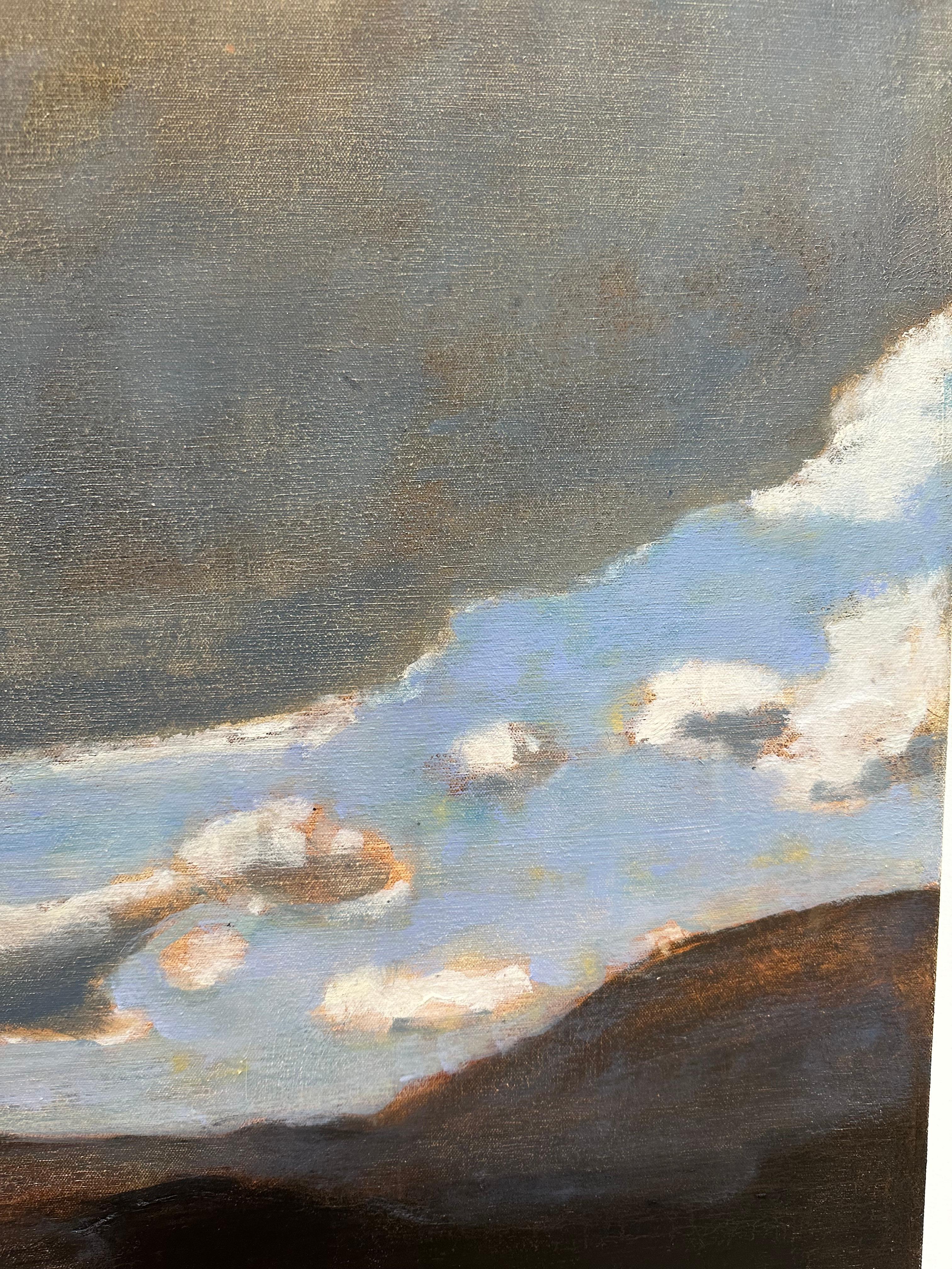 Ampie nuvole grigie con caldi riflessi di marrone dorato fluttuano in un idilliaco cielo blu su un campo, montagne e acqua in lontananza. Firmato, datato e titolato sul retro.

David Konigsberg applica molti strati di pittura a olio diluita per