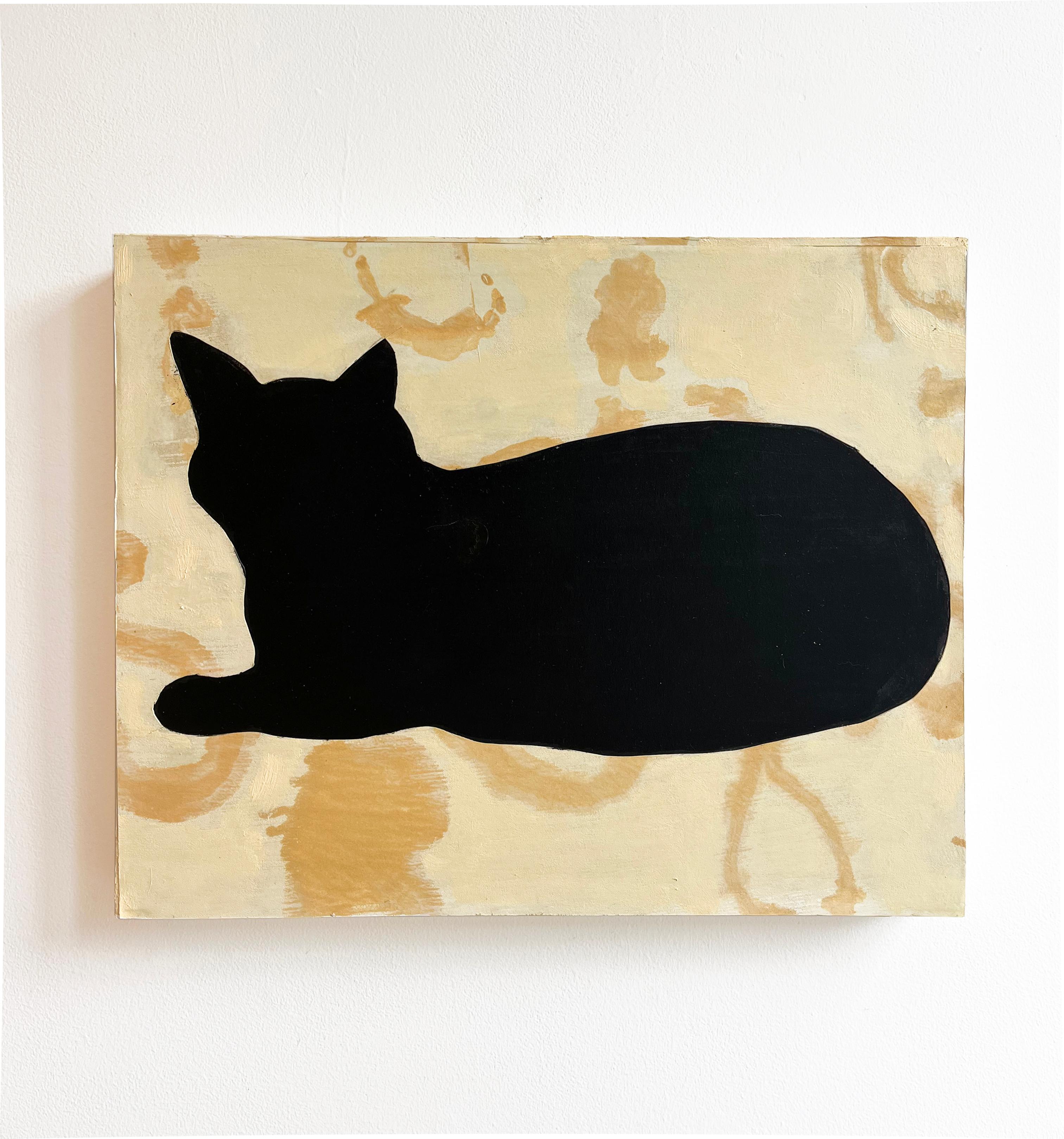 Chat noir (Collage de monotypes et peinture à l'huile d'une Silhouette de félin sur panneau de bois) - Painting de David Konigsberg