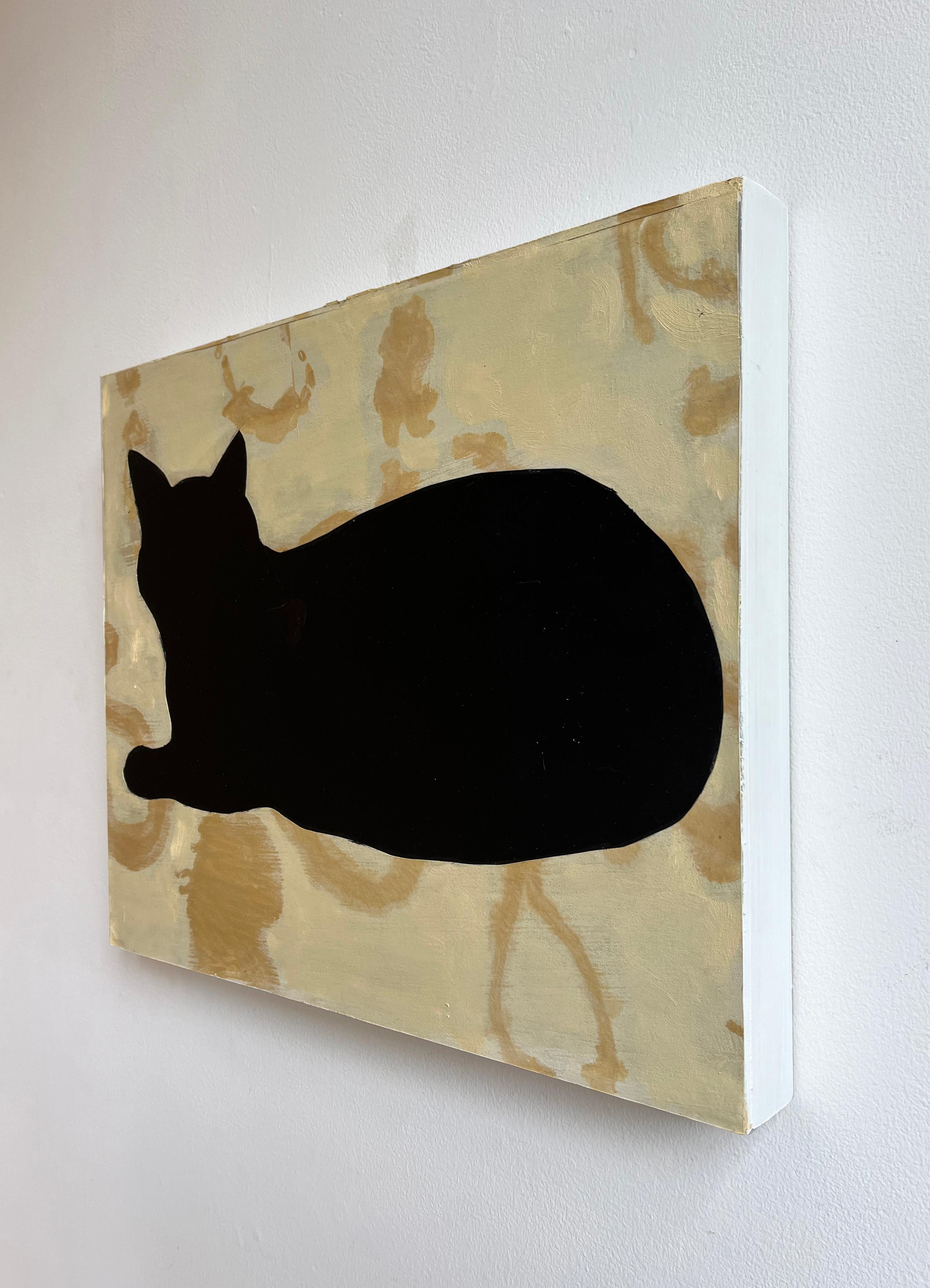Schwarze Katze (Monotyp-Collage und Ölgemälde von Feline Silhouette auf Holzplatte) (Zeitgenössisch), Painting, von David Konigsberg