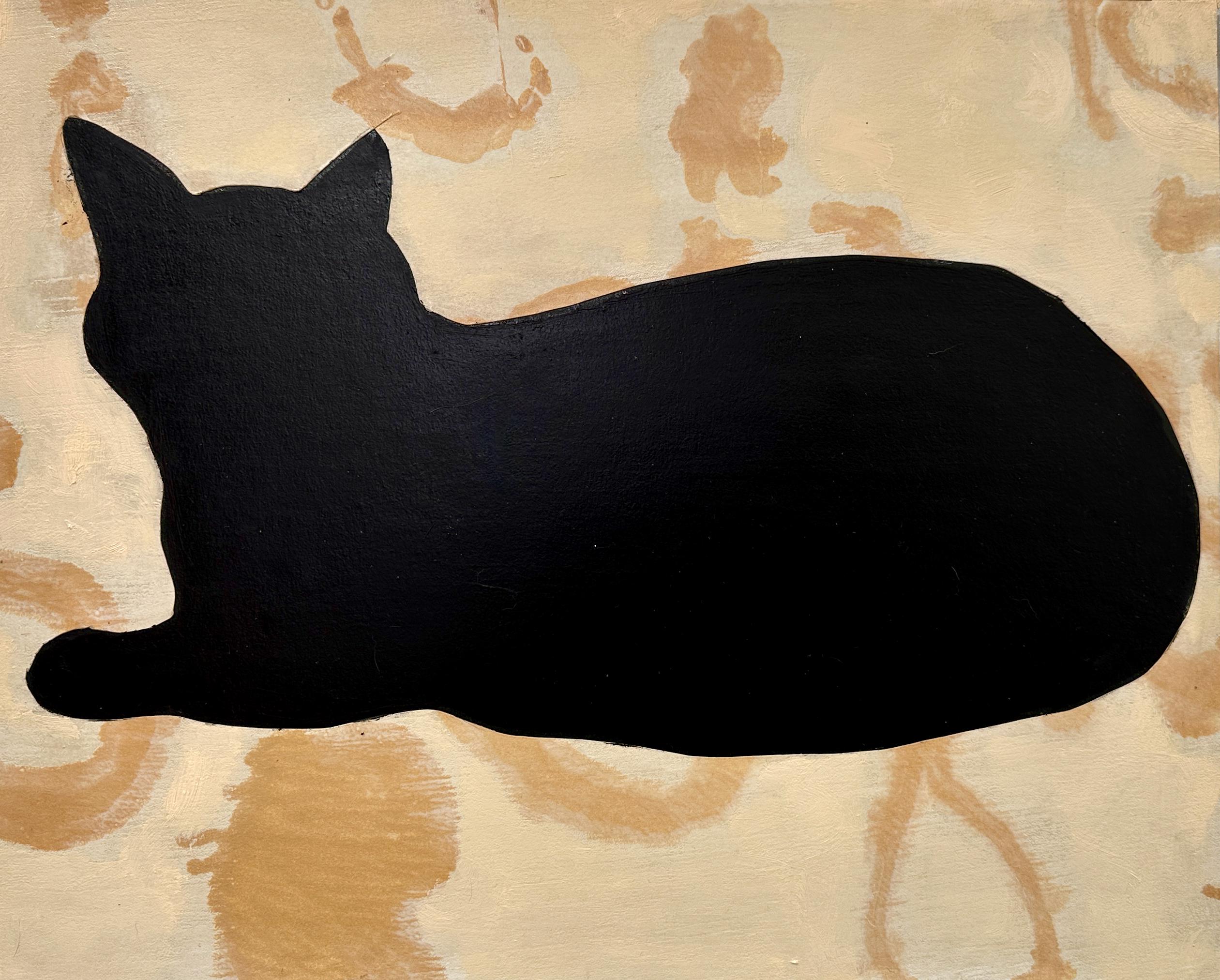 David Konigsberg Still-Life Painting – Schwarze Katze (Monotyp-Collage und Ölgemälde von Feline Silhouette auf Holzplatte)