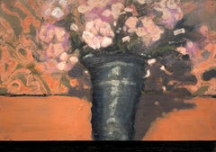 Black Vase, Botanical Still Life Painting of Vase, Pink Flowers, Orange, Greem