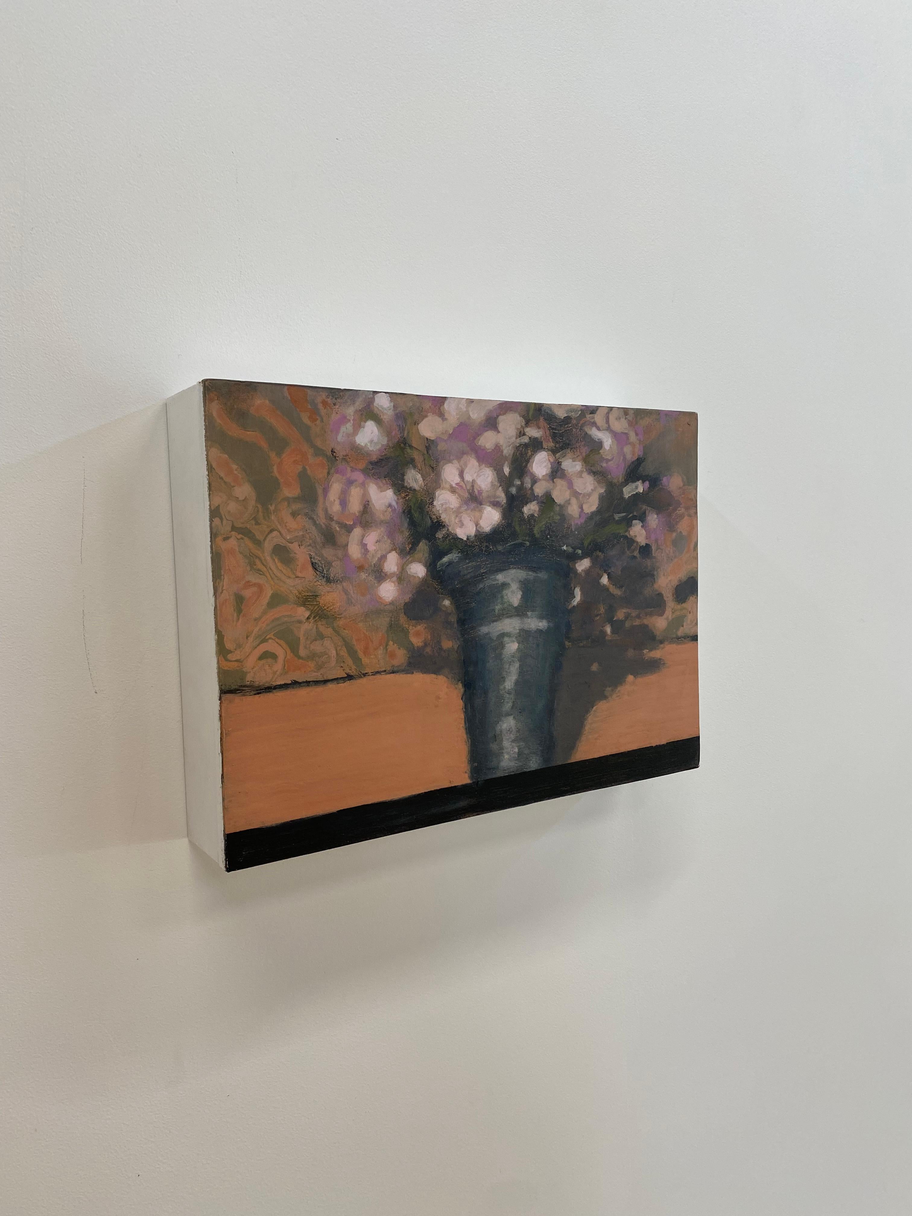 Black Vase, Botanical Still Life Painting, Vase, Pink Flowers, Orange, Green - Brown Still-Life Painting by David Konigsberg
