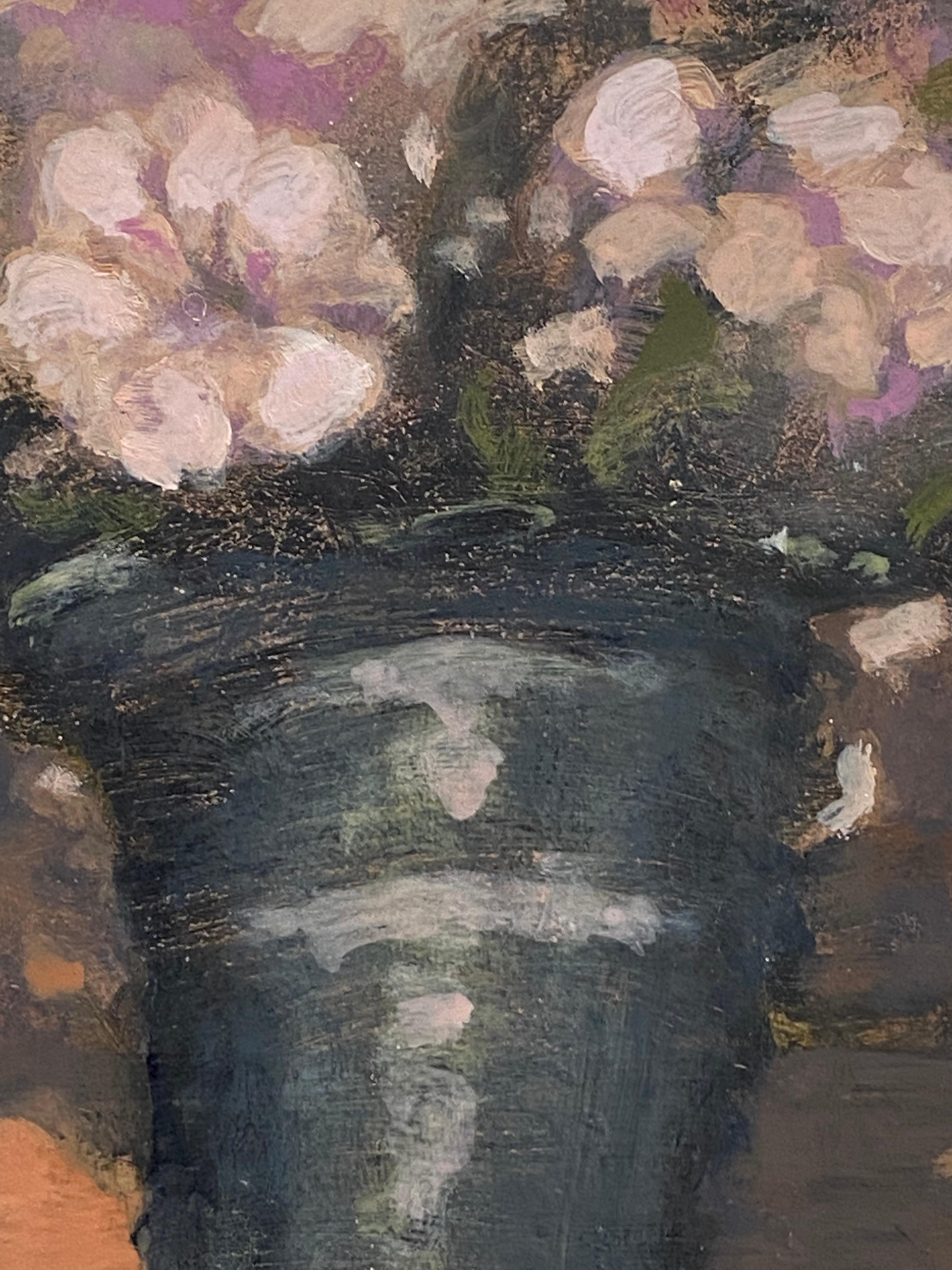 Black Vase, Botanical Still Life Painting, Vase, Pink Flowers, Orange, Green For Sale 5