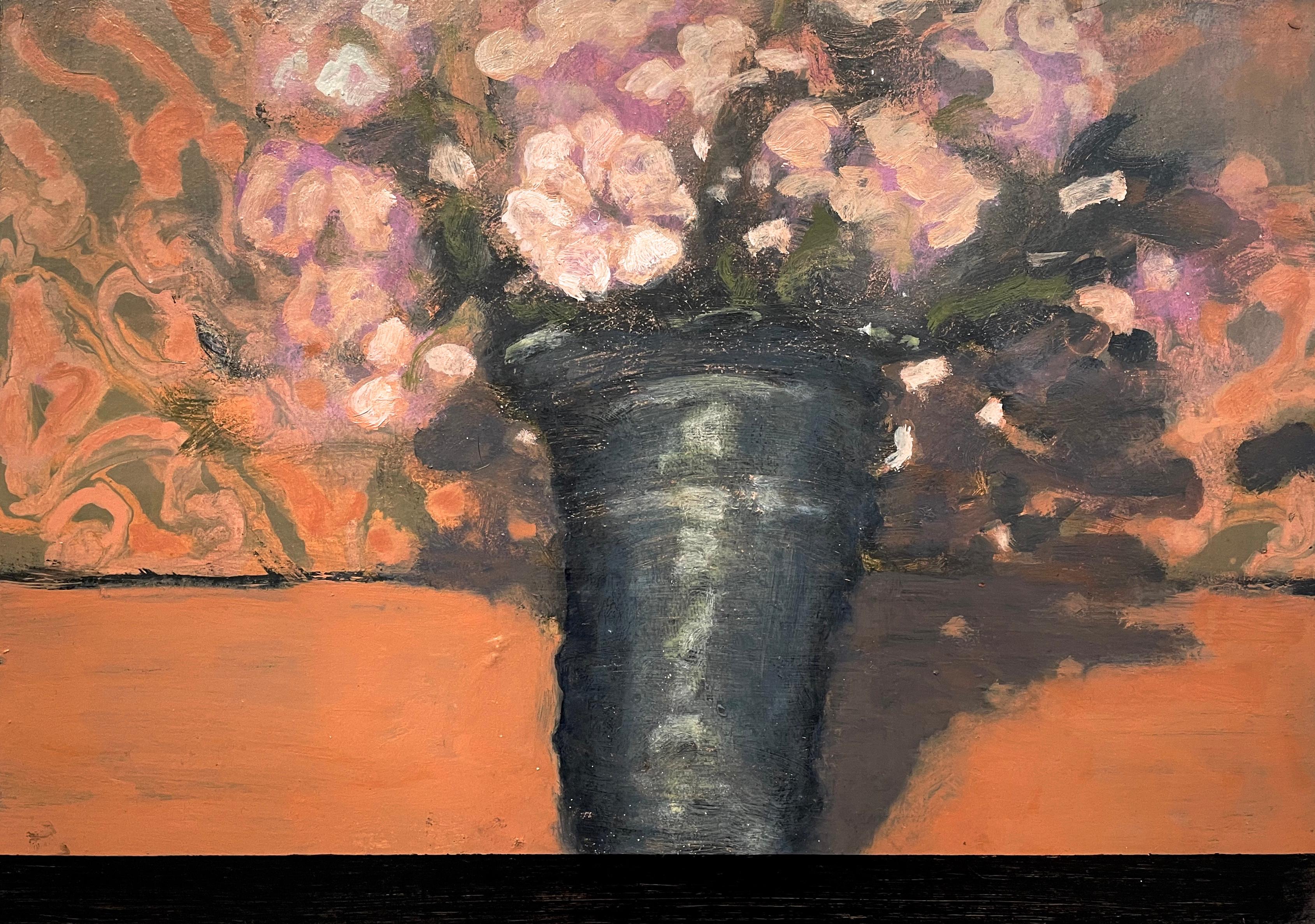 David Konigsberg Still-Life Painting - Black Vase, Botanical Still Life Painting, Vase, Pink Flowers, Orange, Green