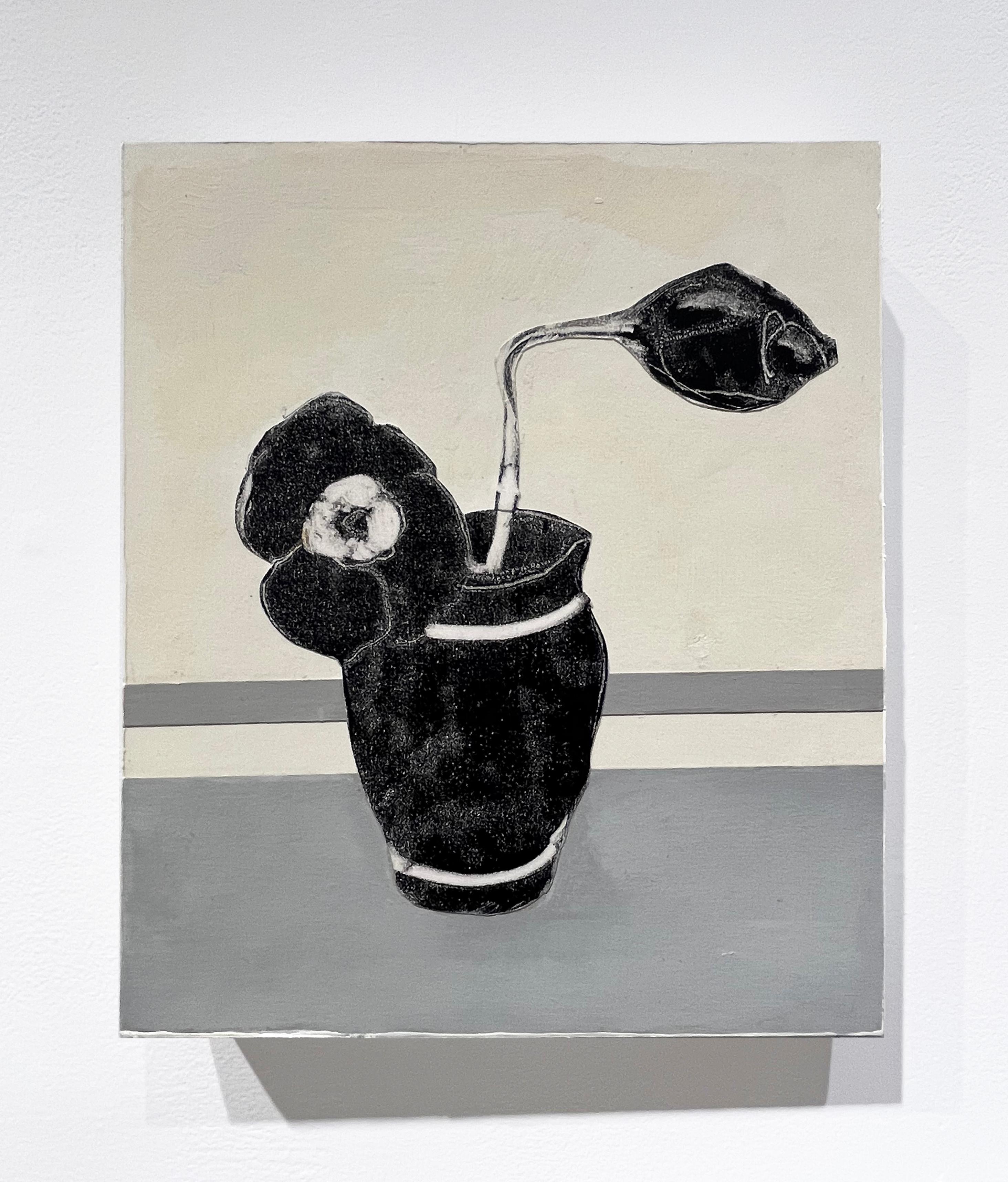 Abstracted still-life painting on panel of a black vase with a flower and a seed pod 
David Konigsberg
Black Vase, 2023
11