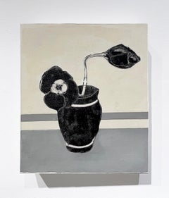 Black Vase (Contemporary Still Life of Simple Flower collaged on oil)