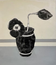 Black Vase (Contemporary Still Life of Simple Flower collaged on oil)