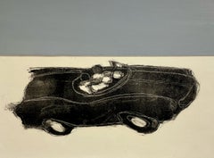Blackmobile (Contemporary Still Life Monotype Collage of Black Car on Panel)