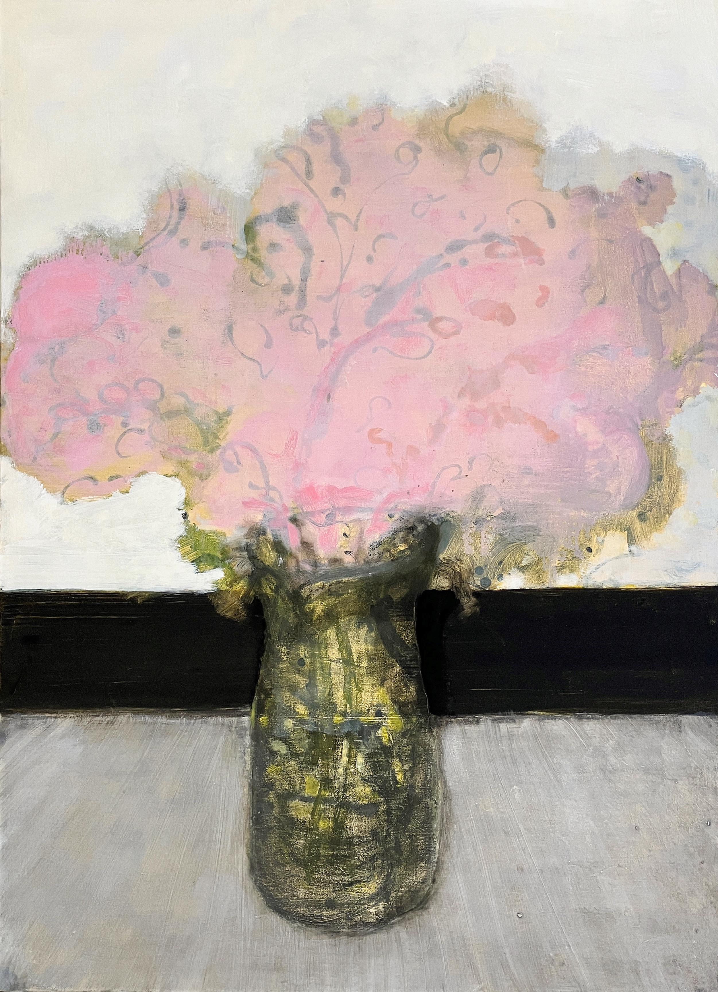 Still-Life Painting de David Konigsberg - Ramo (bodegón figurativo de flores rosa pastel en jarrón de mesa)