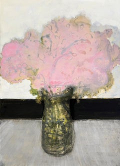 Bouquet (Figurative Still Life Painting of Pastel Pink Flowers in Tabletop Vase)