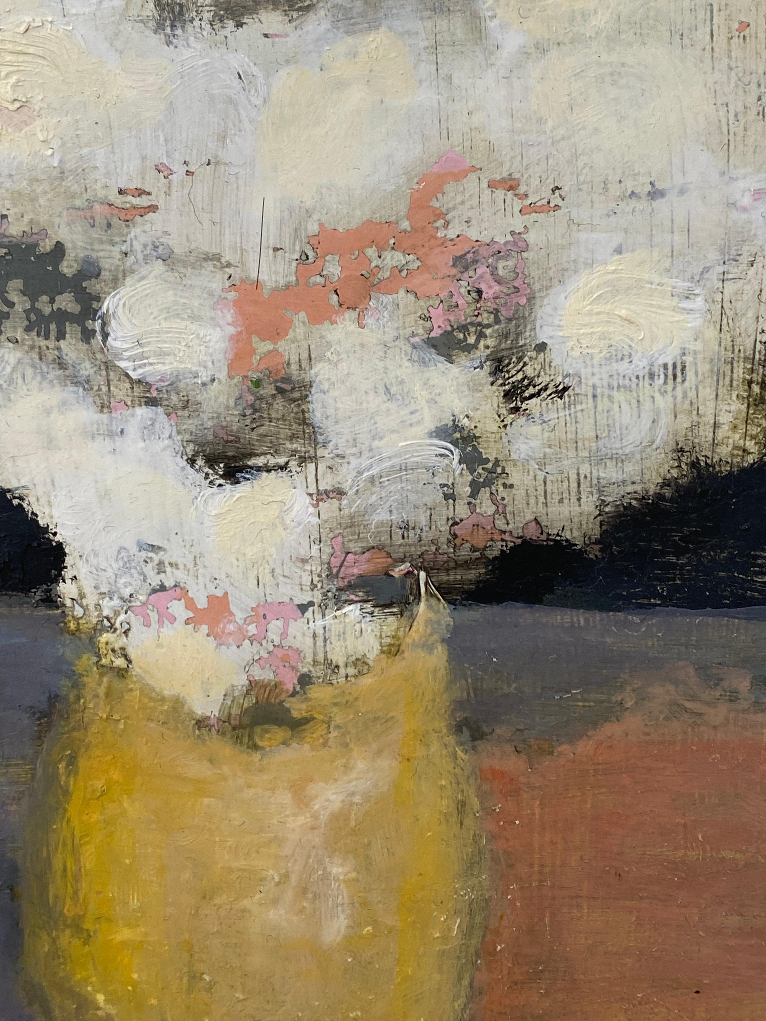 A yellow vase holds an arrangement of white blossoms. The color of the bouquet complements the dark background and the coral colored table in this intimate still life painting. Signed, dated and titled on verso.

David Konigsberg bridges the divide