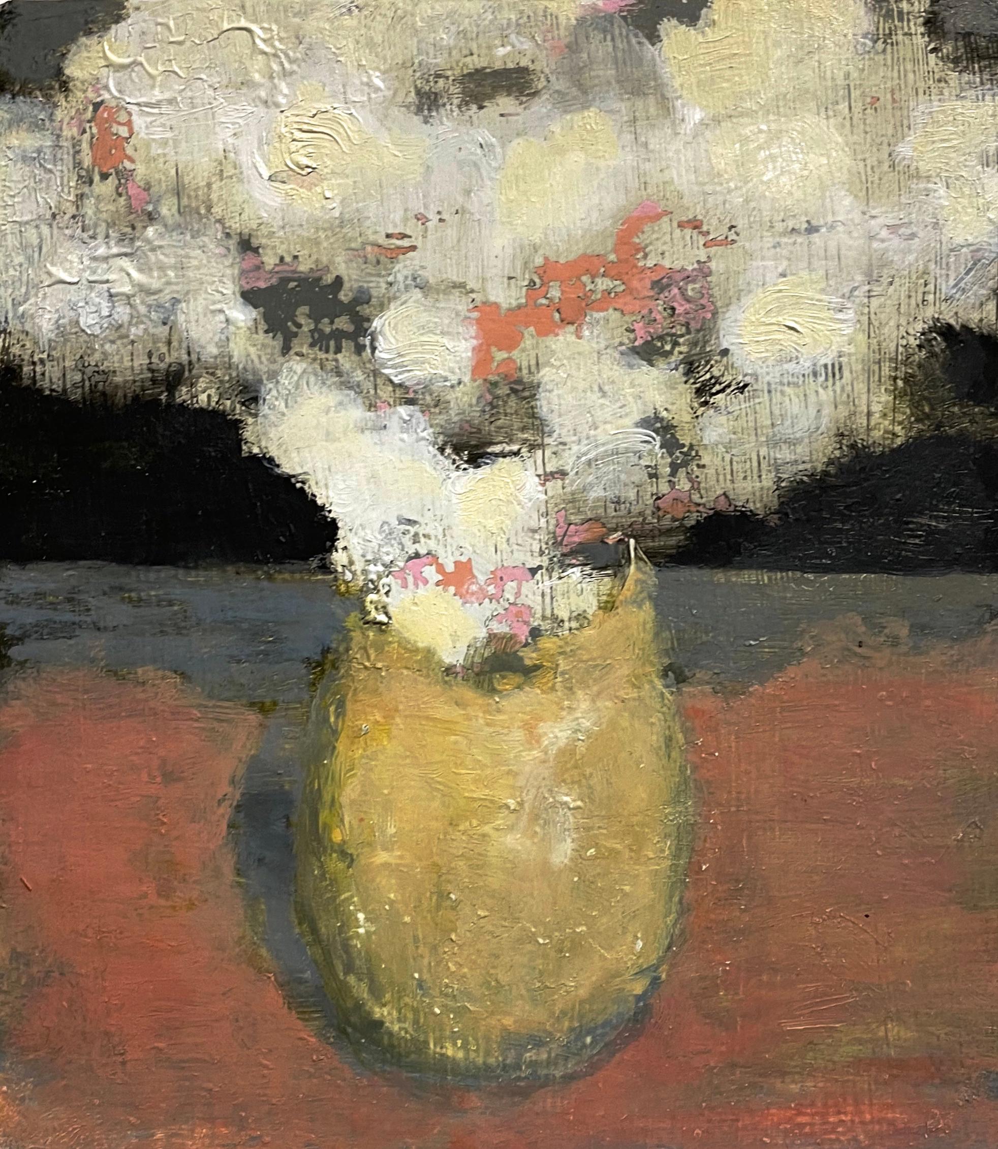 David Konigsberg Still-Life Painting - Bouquet in Yellow, White Flowers, Ochre Vase, Salmon Pink Botanical Still Life