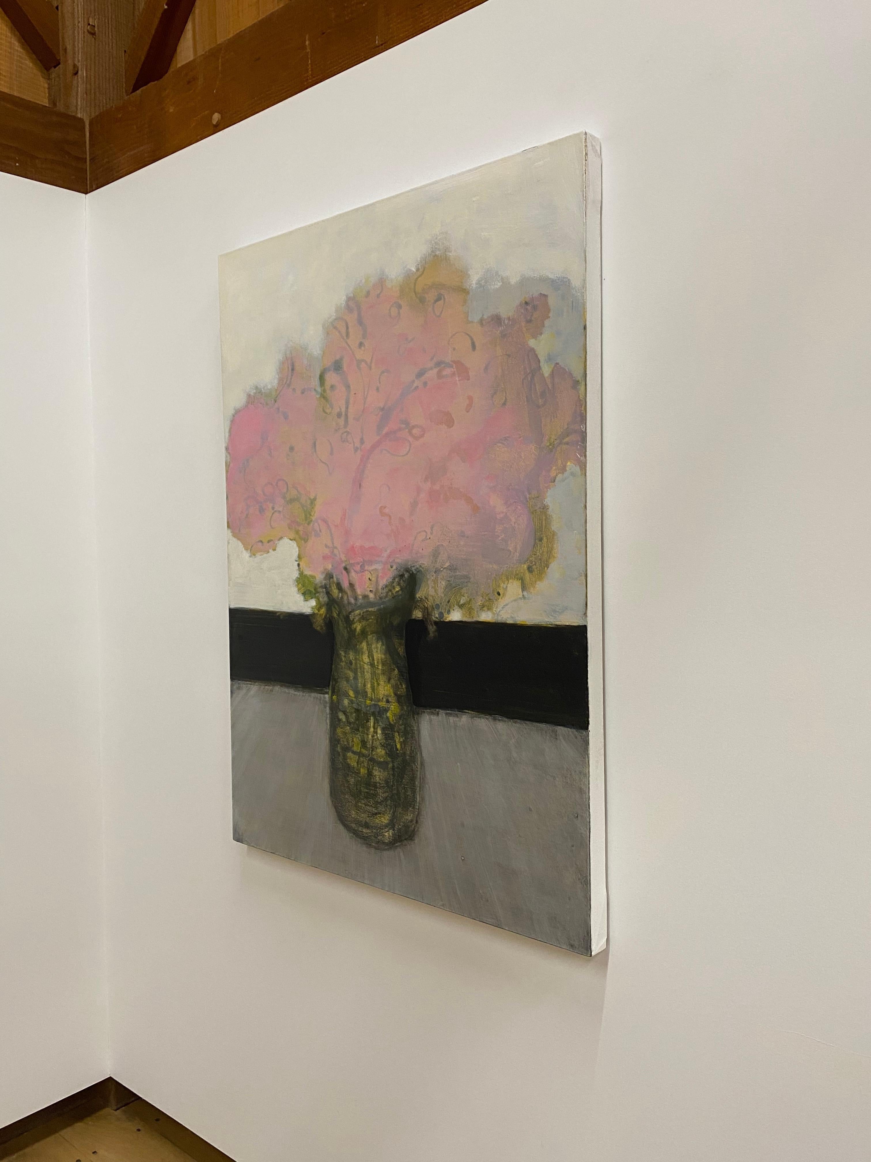 Bouquet, Olive Green Vase, Pink Flowers, Gray Tablecloth, Black, Botanical - Contemporary Painting by David Konigsberg
