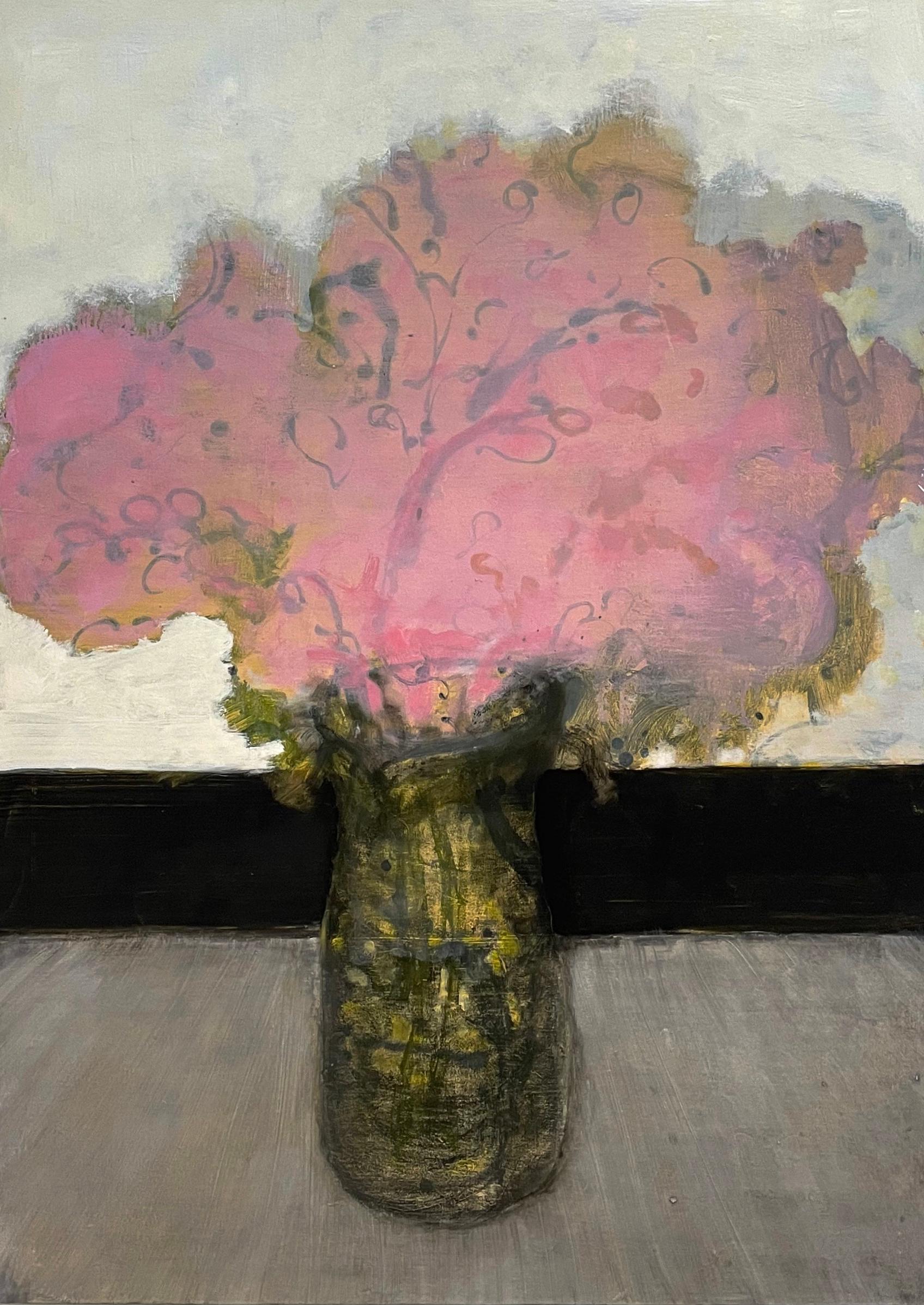 David Konigsberg Still-Life Painting - Bouquet, Olive Green Vase, Pink Flowers, Gray Tablecloth, Black, Botanical