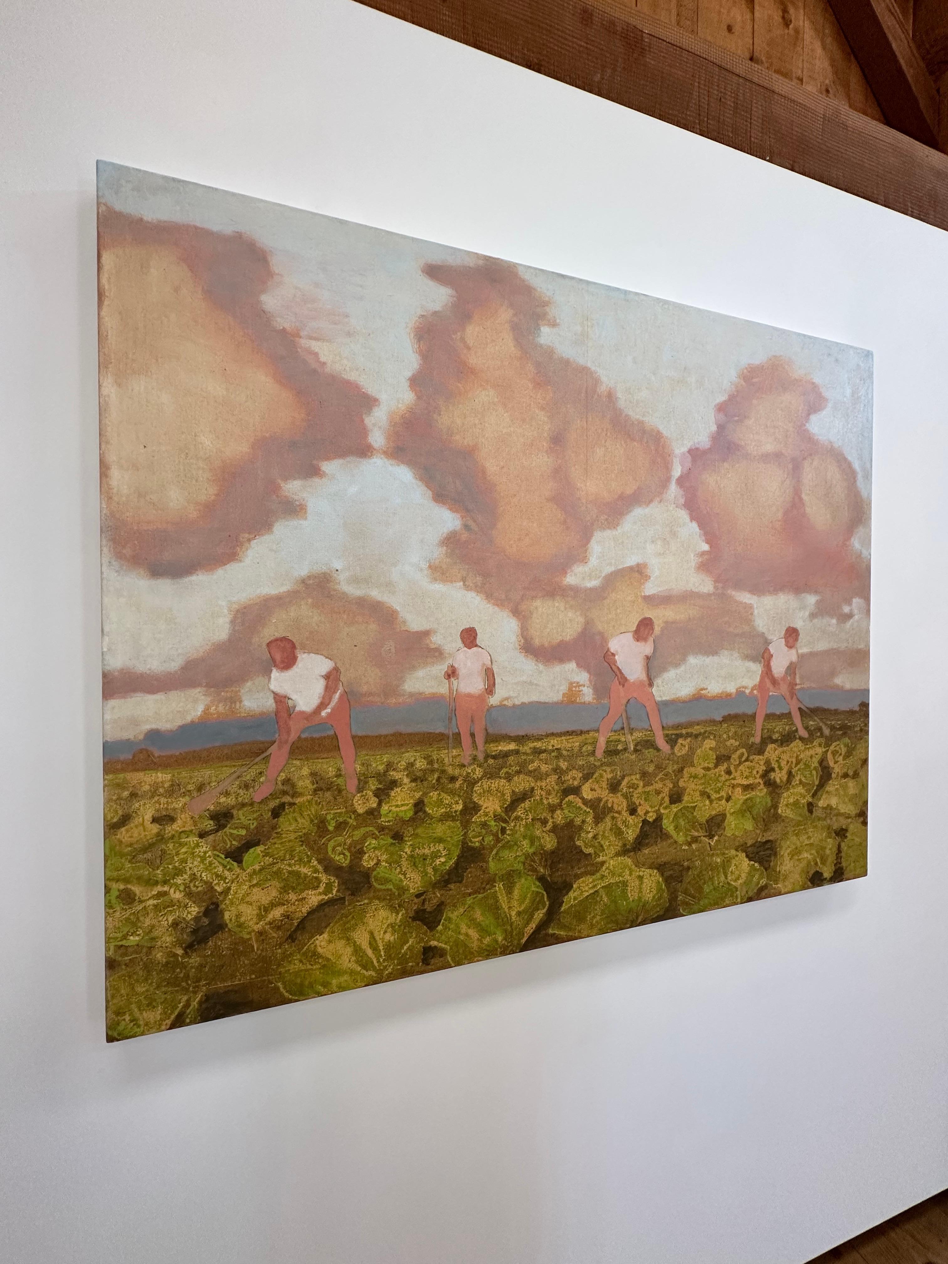 Cabbage Field, Farmers in Green and Ochre Vegetable Field, Gray, Salmon Pink Sky - Painting by David Konigsberg