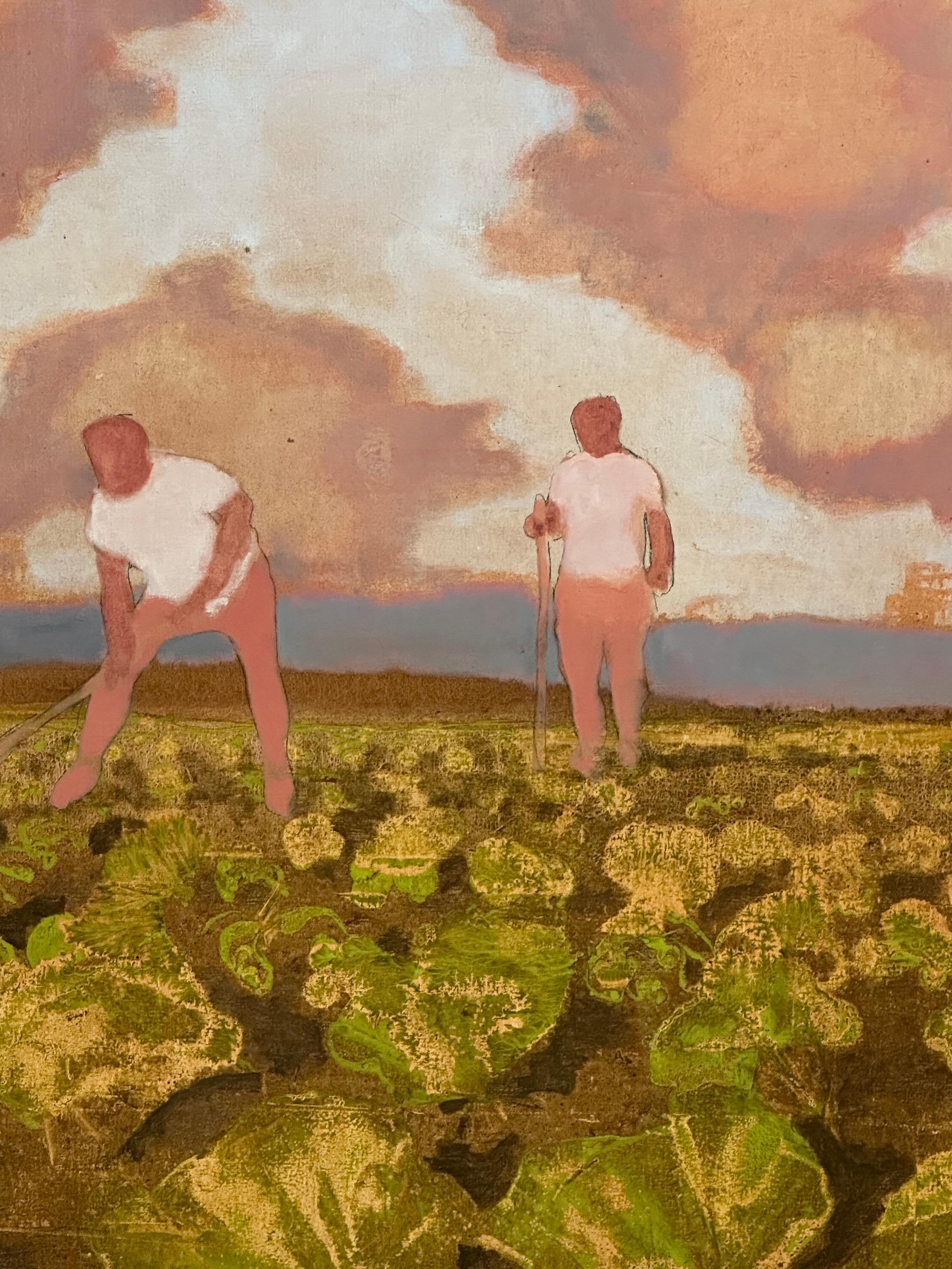 Cabbage Field, Farmers in Green and Ochre Vegetable Field, Gray, Salmon Pink Sky - Contemporary Painting by David Konigsberg