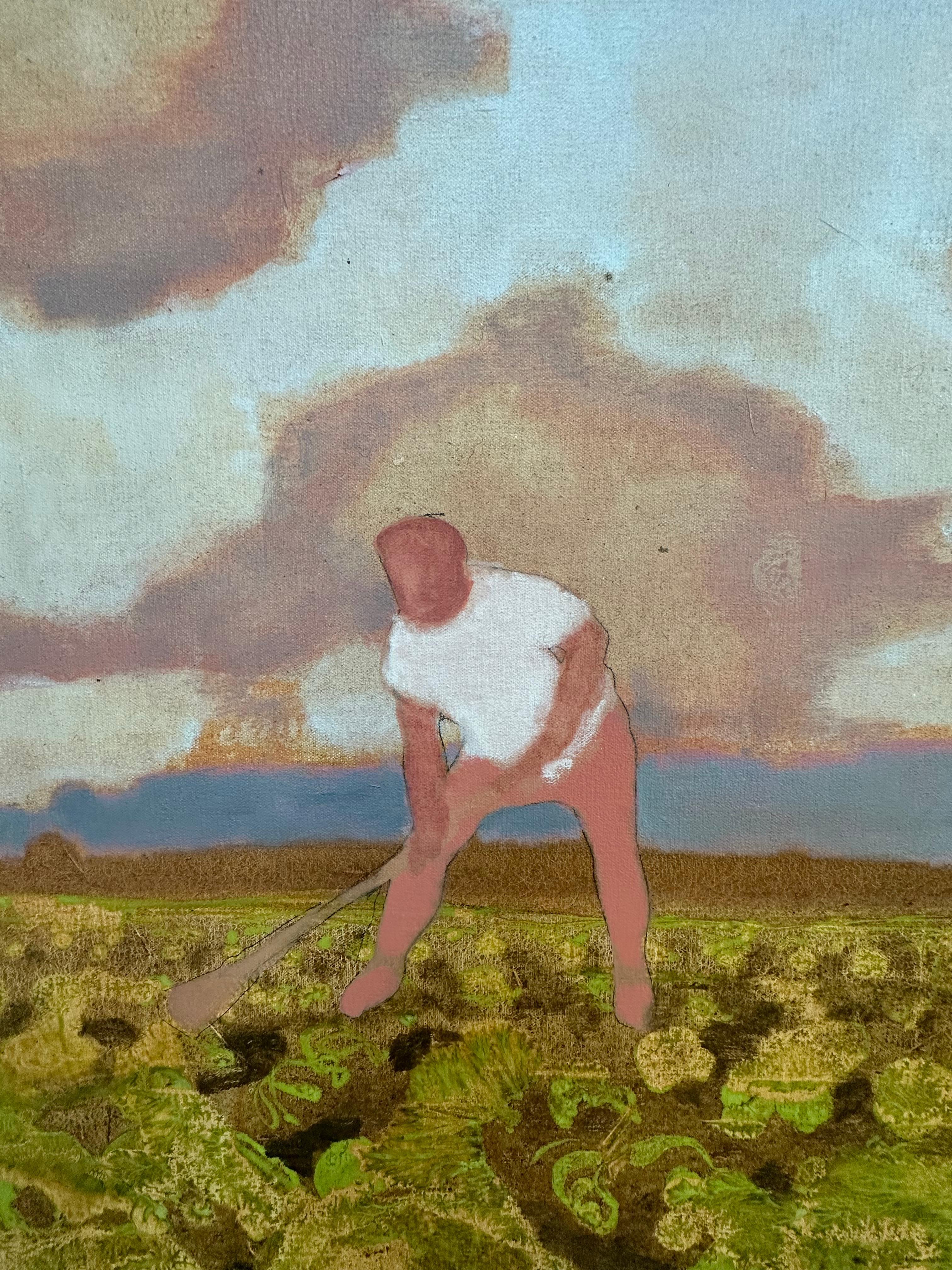 Four farmers, figures in salmon pants and white shirts, till a field of lush looking olive green and yellow ochre cabbage beneath an expansive gray blue sky with salmon colored cumulus clouds. Signed, dated and titled on verso.

David Konigsberg