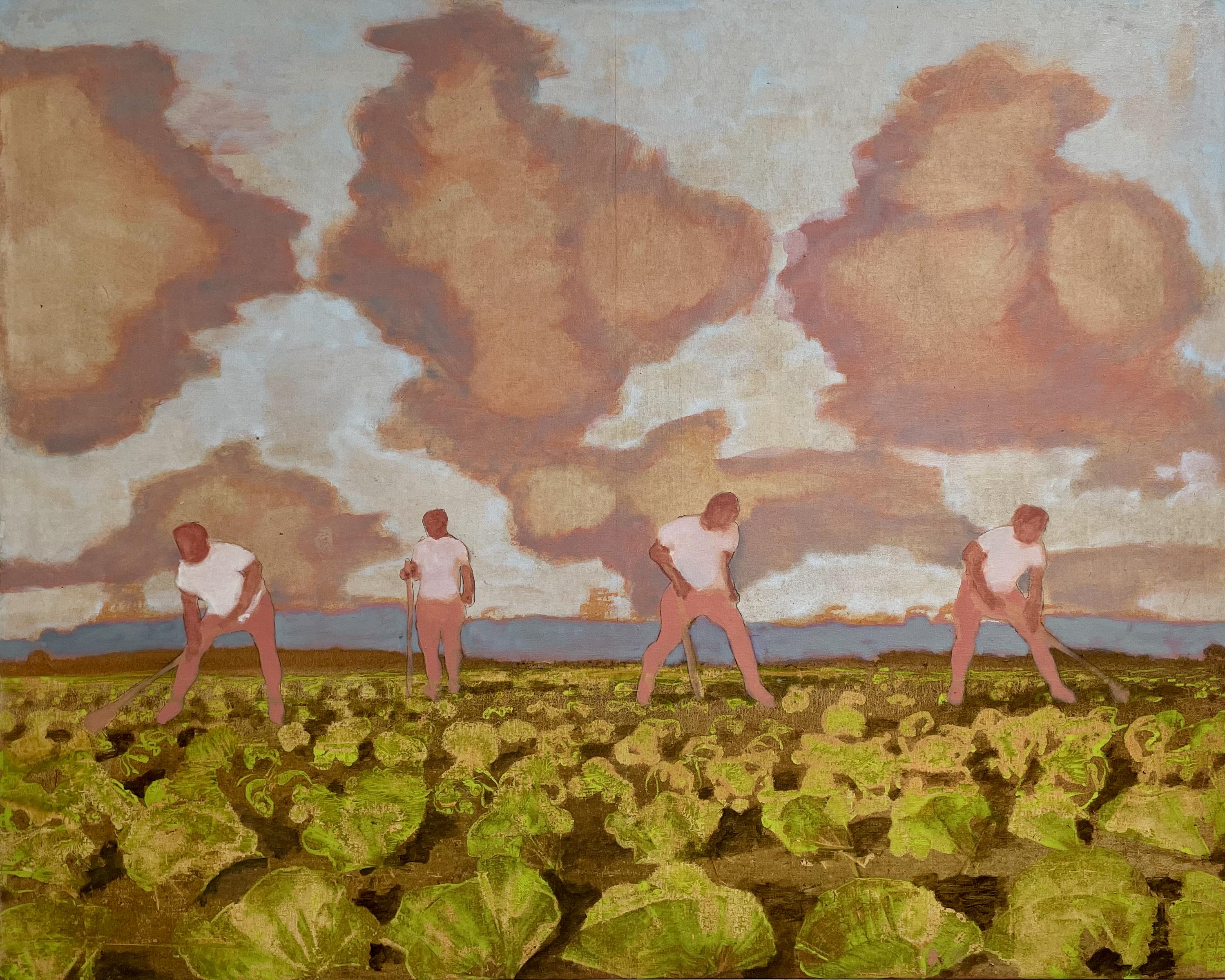 David Konigsberg Landscape Painting - Cabbage Field, Farmers in Green and Ochre Vegetable Field, Gray, Salmon Pink Sky