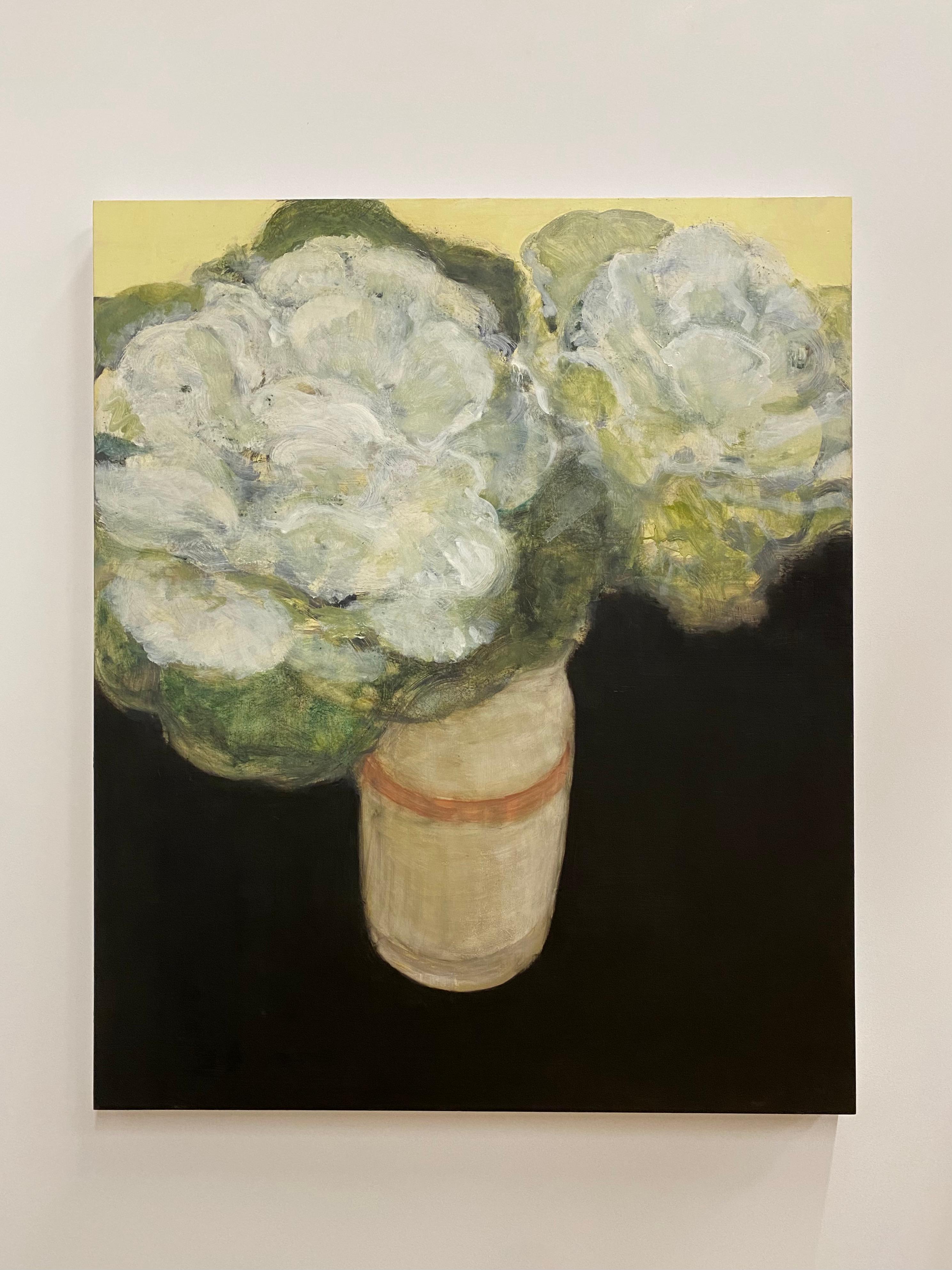 Cabbage Rose, White Flowers in Vase, Light Yellow, Black, Ivory, Beige Blossoms - Painting by David Konigsberg