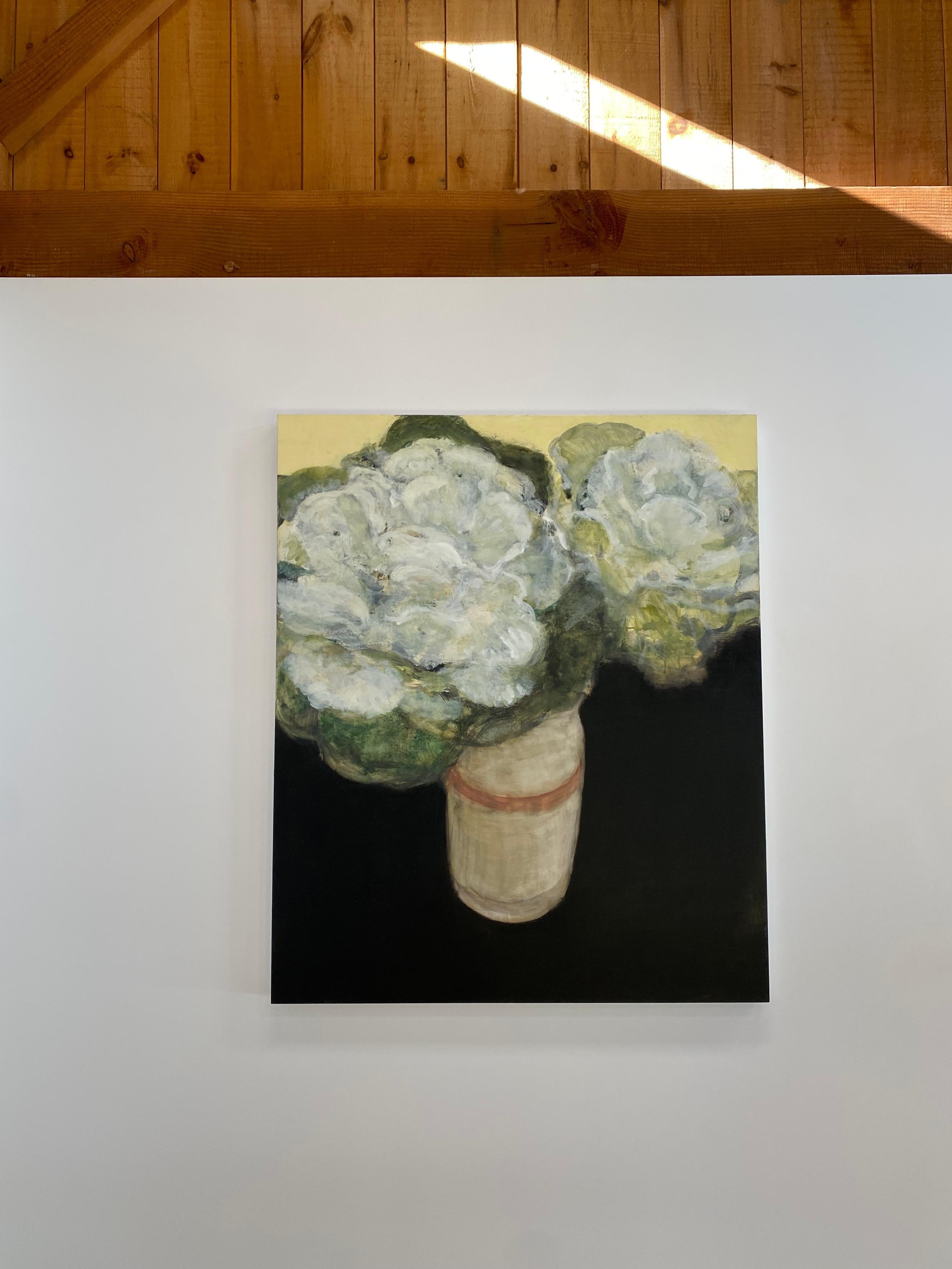 Cabbage Rose, White Flowers in Vase, Light Yellow, Black, Ivory, Beige Blossoms - Contemporary Painting by David Konigsberg
