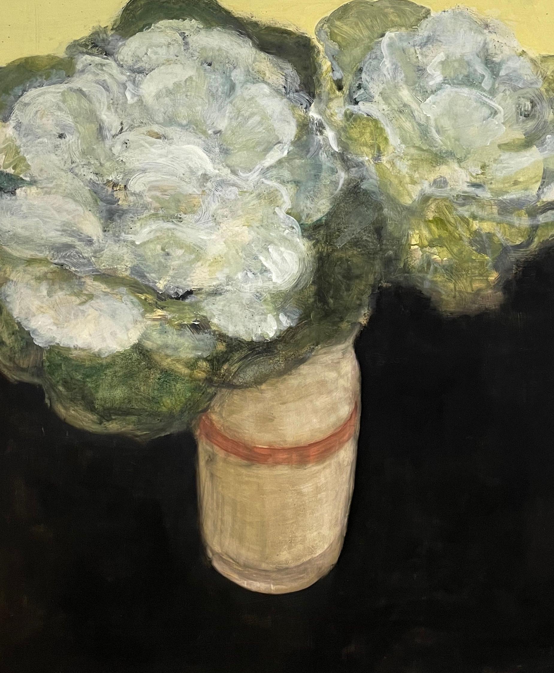 David Konigsberg Still-Life Painting - Cabbage Rose, White Flowers in Vase, Light Yellow, Black, Ivory, Beige Blossoms