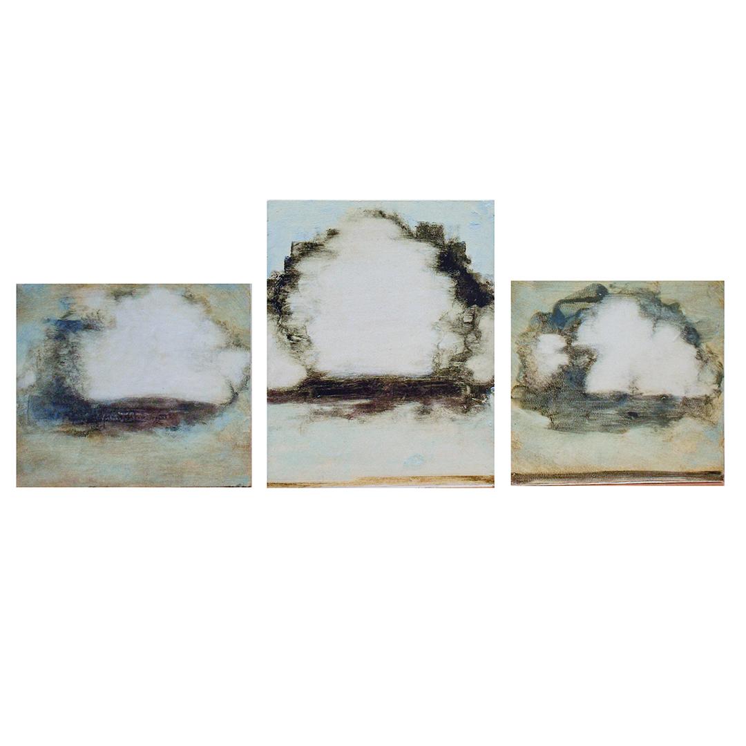 Clouds Triptych (Three Small Contemporary Landscape Paintings on Panel) - Gray Still-Life Painting by David Konigsberg